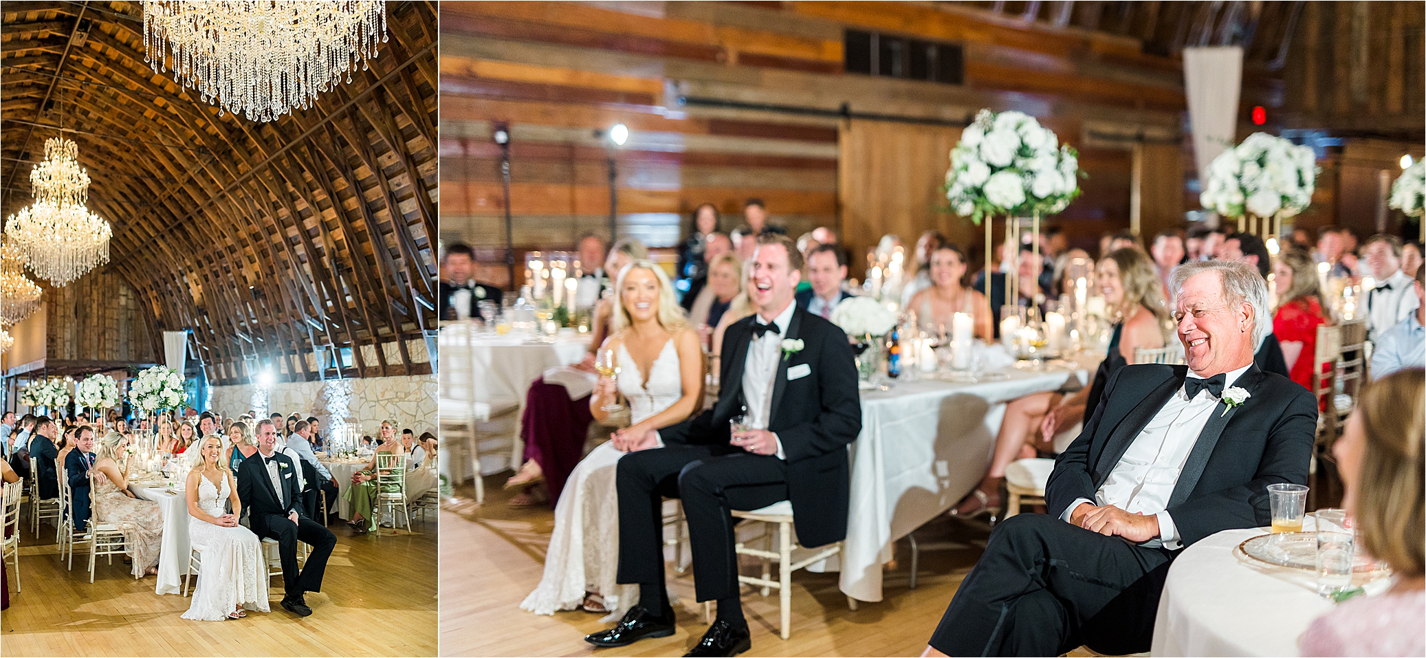 A father of the groom laughs really hard during wedding speeches with the bride and groom in the background inside a brown barn with large chandeliers in Austin, Texas. 