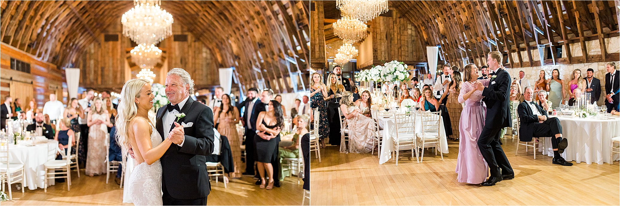 A bride dances with her dad and groom with his mom as they smile inside a large brown barn with chandeliers in the background at their Austin, Texas wedding venue Brodie Homestead