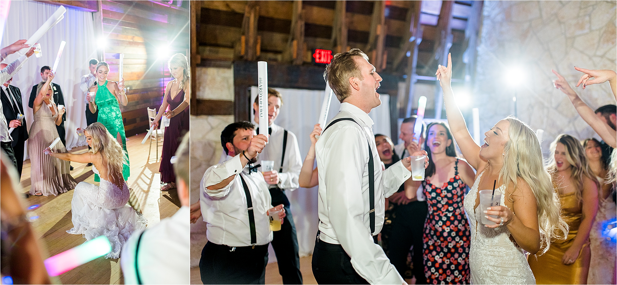 A bride and groom dance and sing together at their wedding reception at Brodie Homestead in Austin, Texas