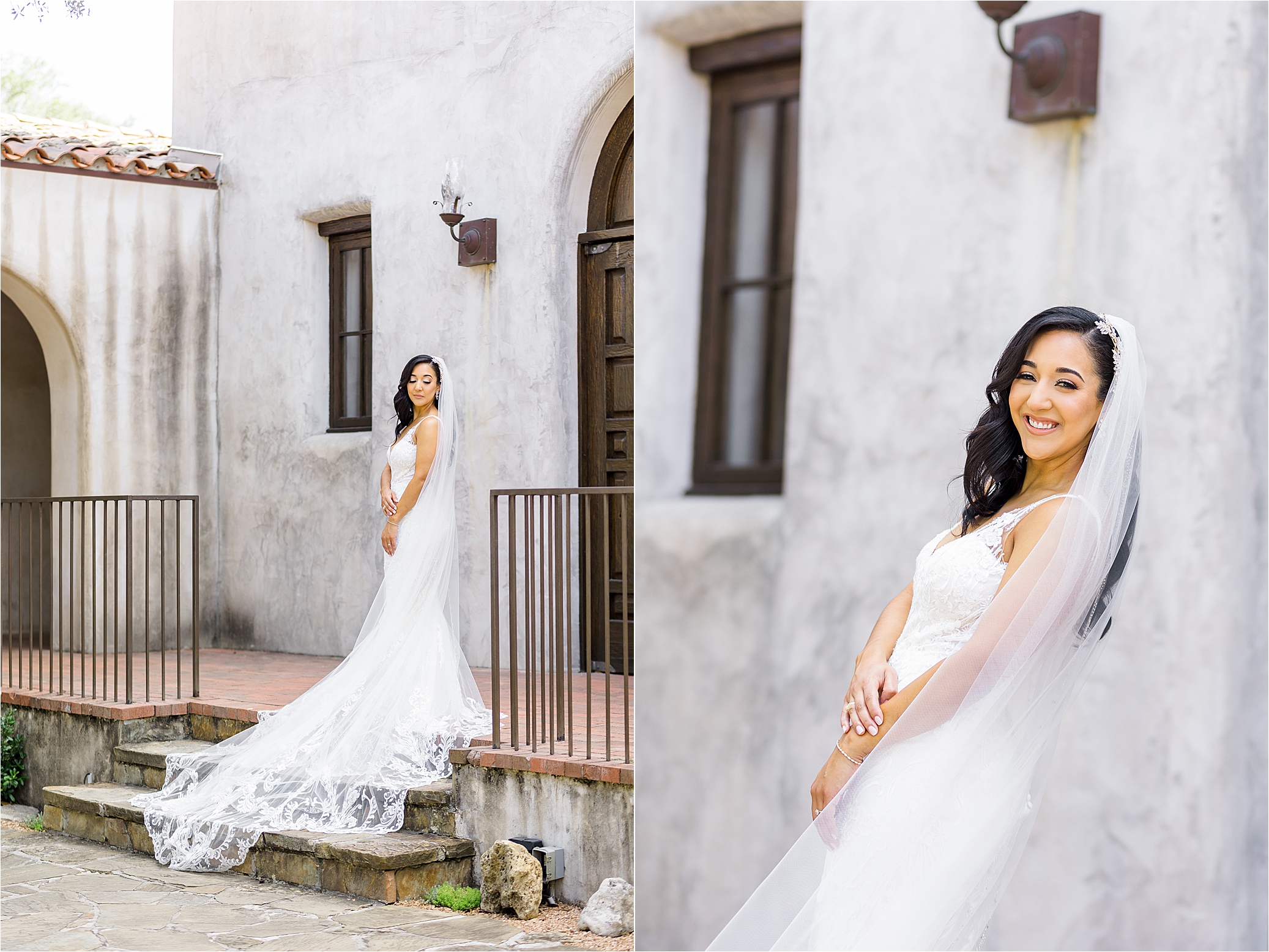 A bride lets her dress and veil cover a small staircase and smiles back at the camera in front of her mission style venue in San Antonio, Texas 