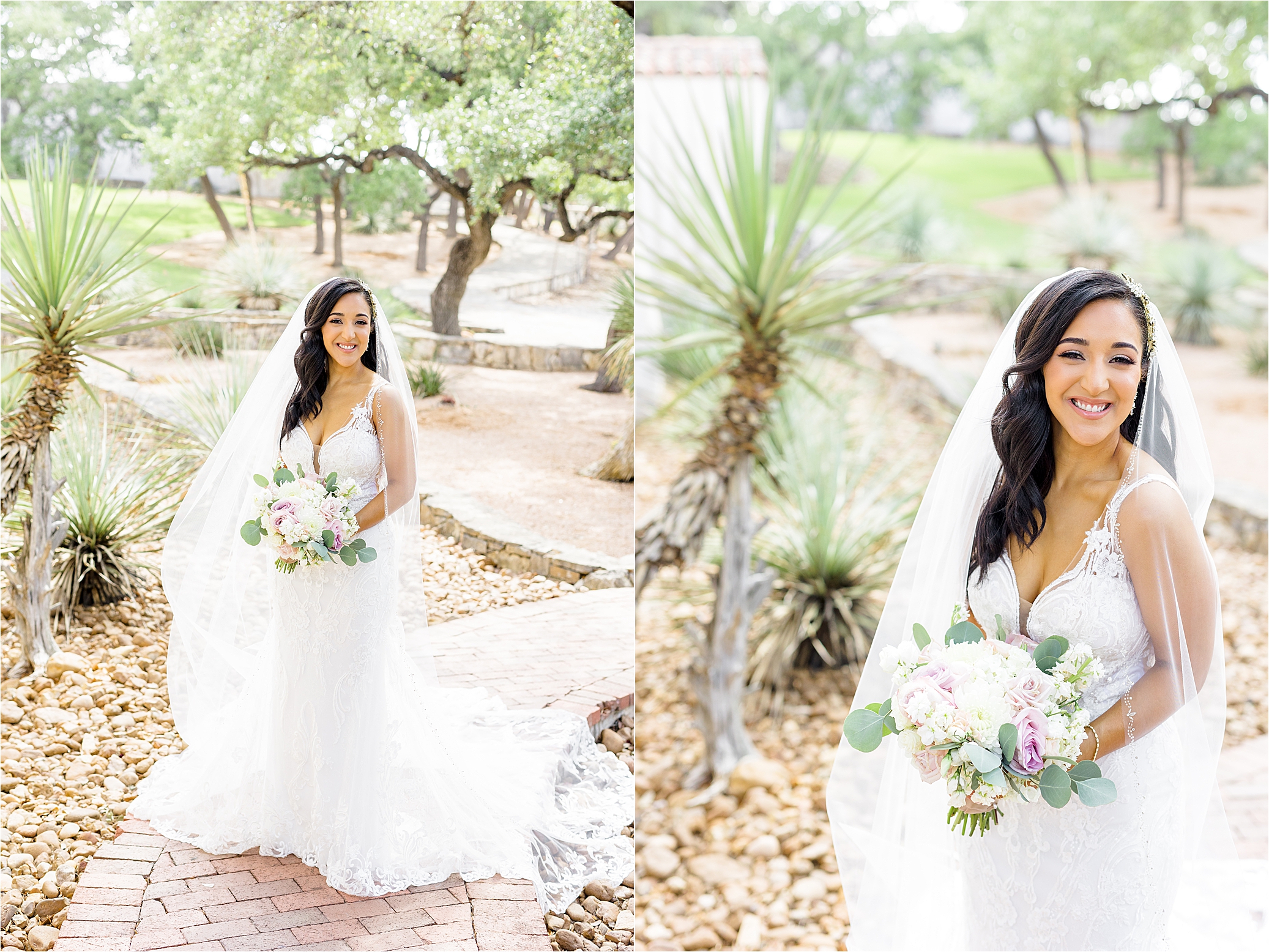 A bride in her wedding dress smiles and laughs at the camera outside surround by trees and holding a bouquet of white and pink flowers at Lost Mission In San Antonio, Texas