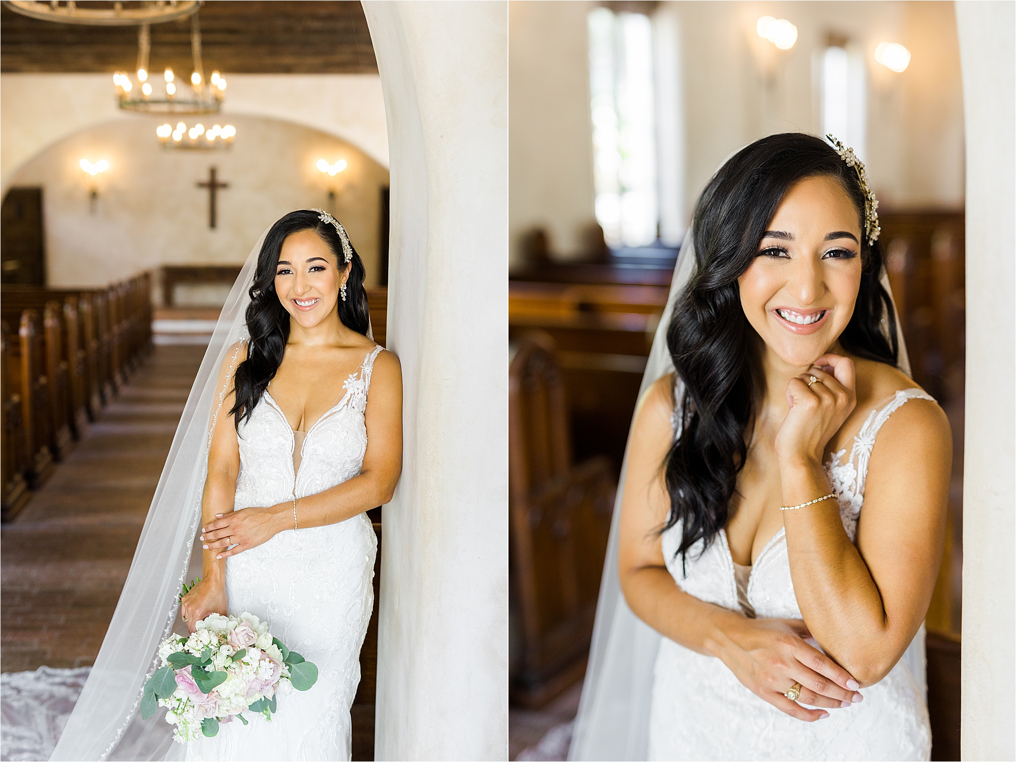 A bride smiles at the camera with her hand under her chin and holding a white and pink bouquet during her Bridal Session inside of a Mission style wedding venue 