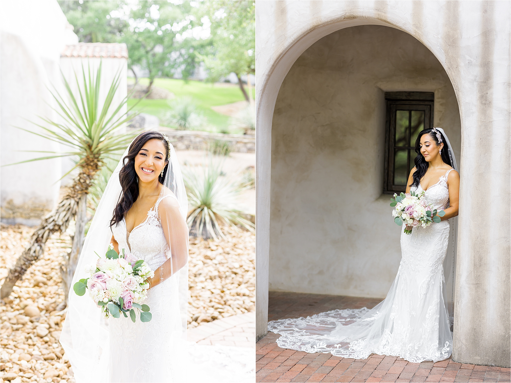 A bridal smiles at the camera with her veil draped over shoulders holding a white and pink bouquet during her San Antonio Bridal Portraits