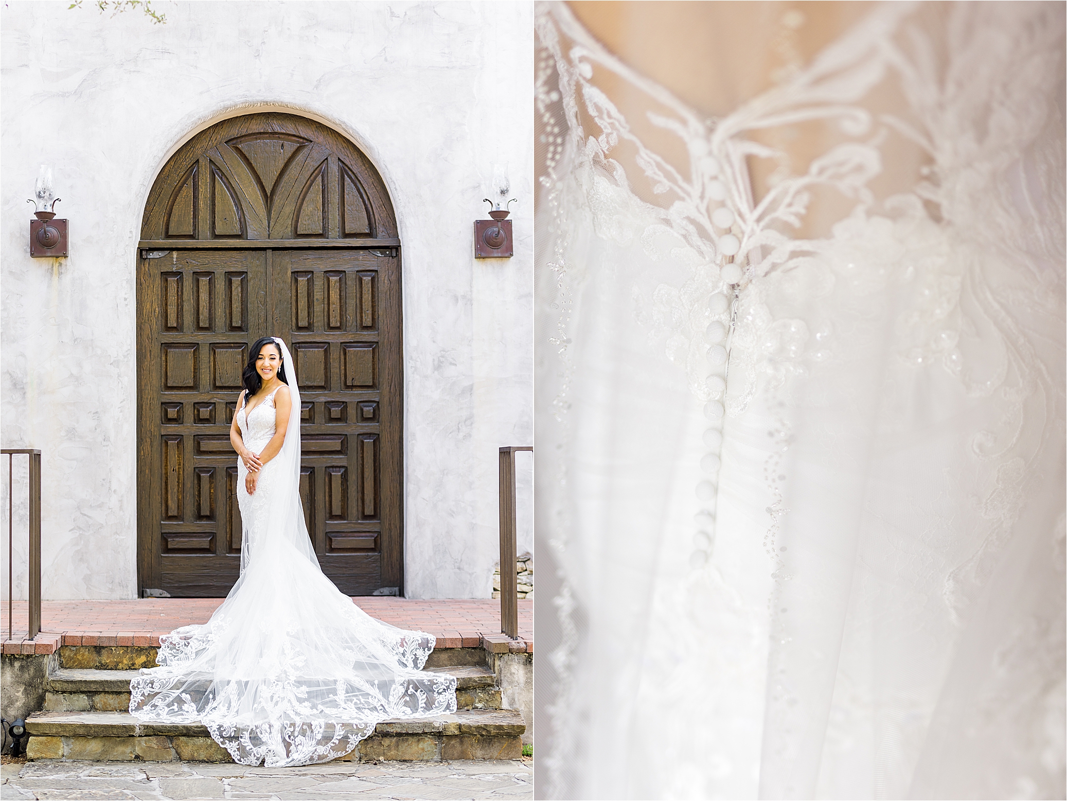  A Bride stands at the top of the stairs as her dress covers the staircase in front of a large, brown door at Lost Mission in San Antonio, Texas for her Hill Country wedding