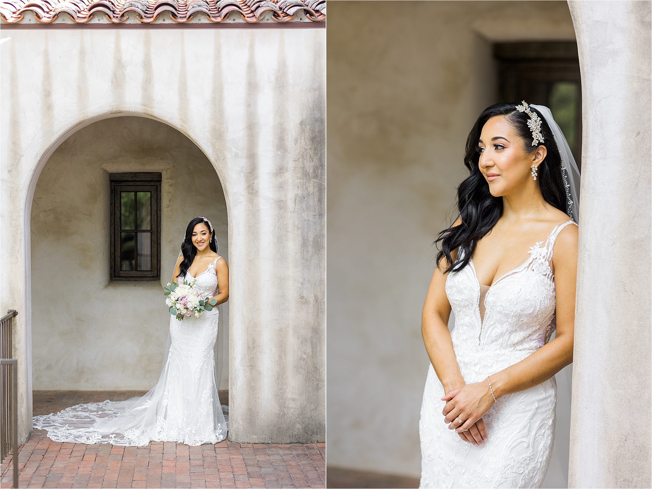 A dark haired bride crosses her hands and looks off to the side leaning on a wall at her mission venue in San Antonio, Texas