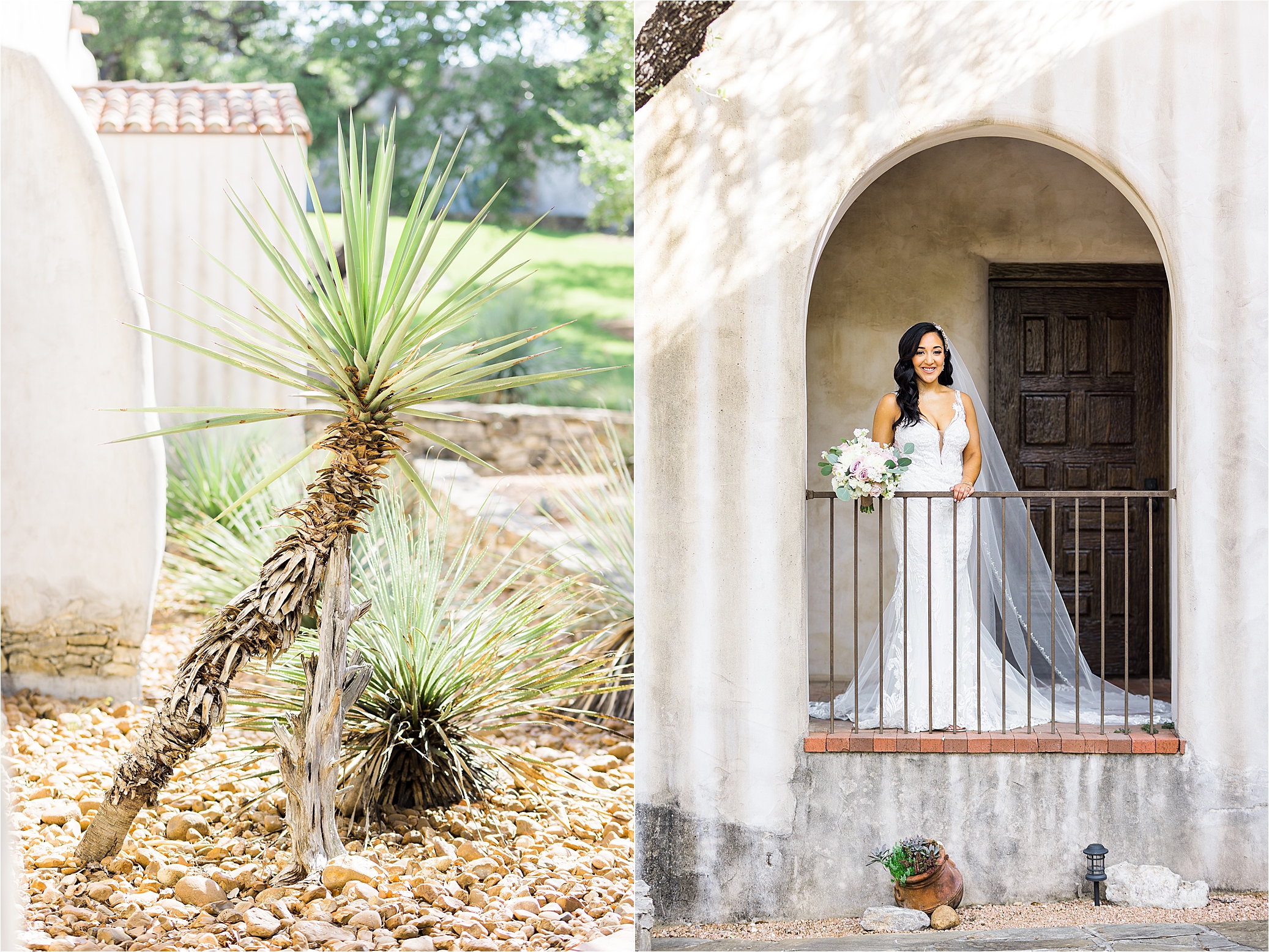 A bride smiles directly at the camera with dark hair, a lace wedding dress and long veil under an arch at Lost Mission in Bulverde, Texas