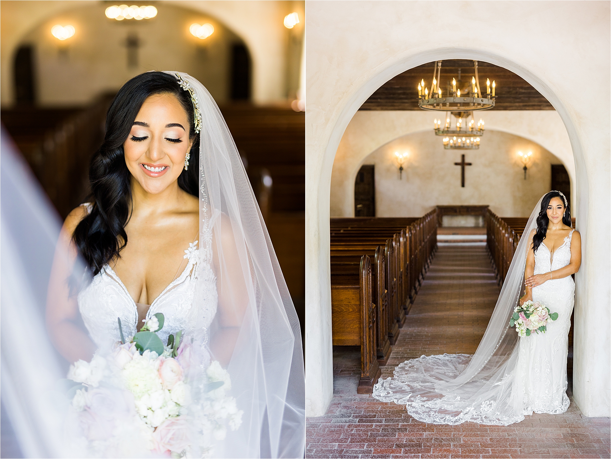 A bride smiles and looks down as her long veil swoops in front of her face during her bridal portraits at Mission style wedding chapel in Bulverde, Texas