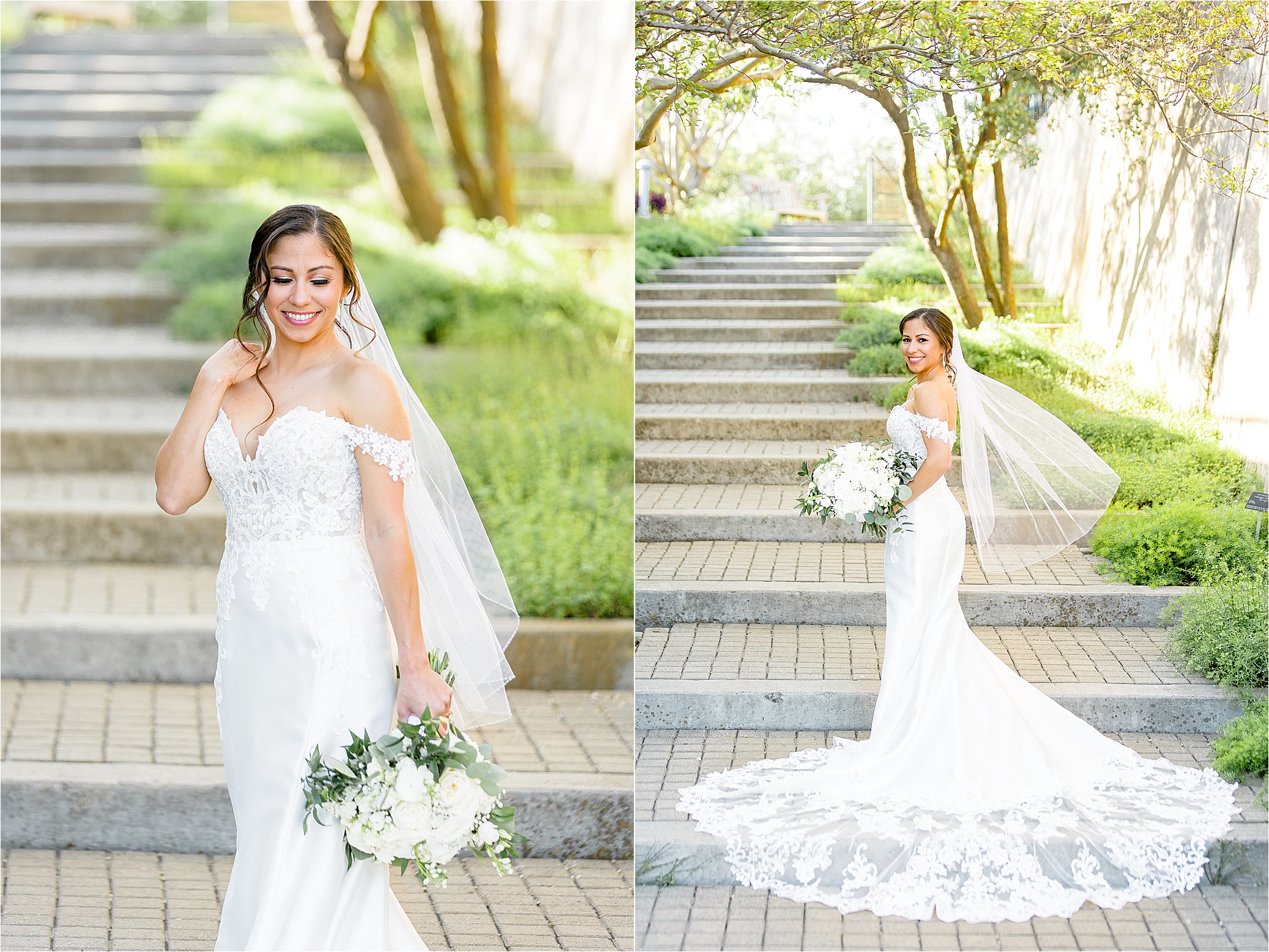A bride in a lace dress holds her bouquet in front of stairs on a sunny dat at San Antonio Botanical Garden