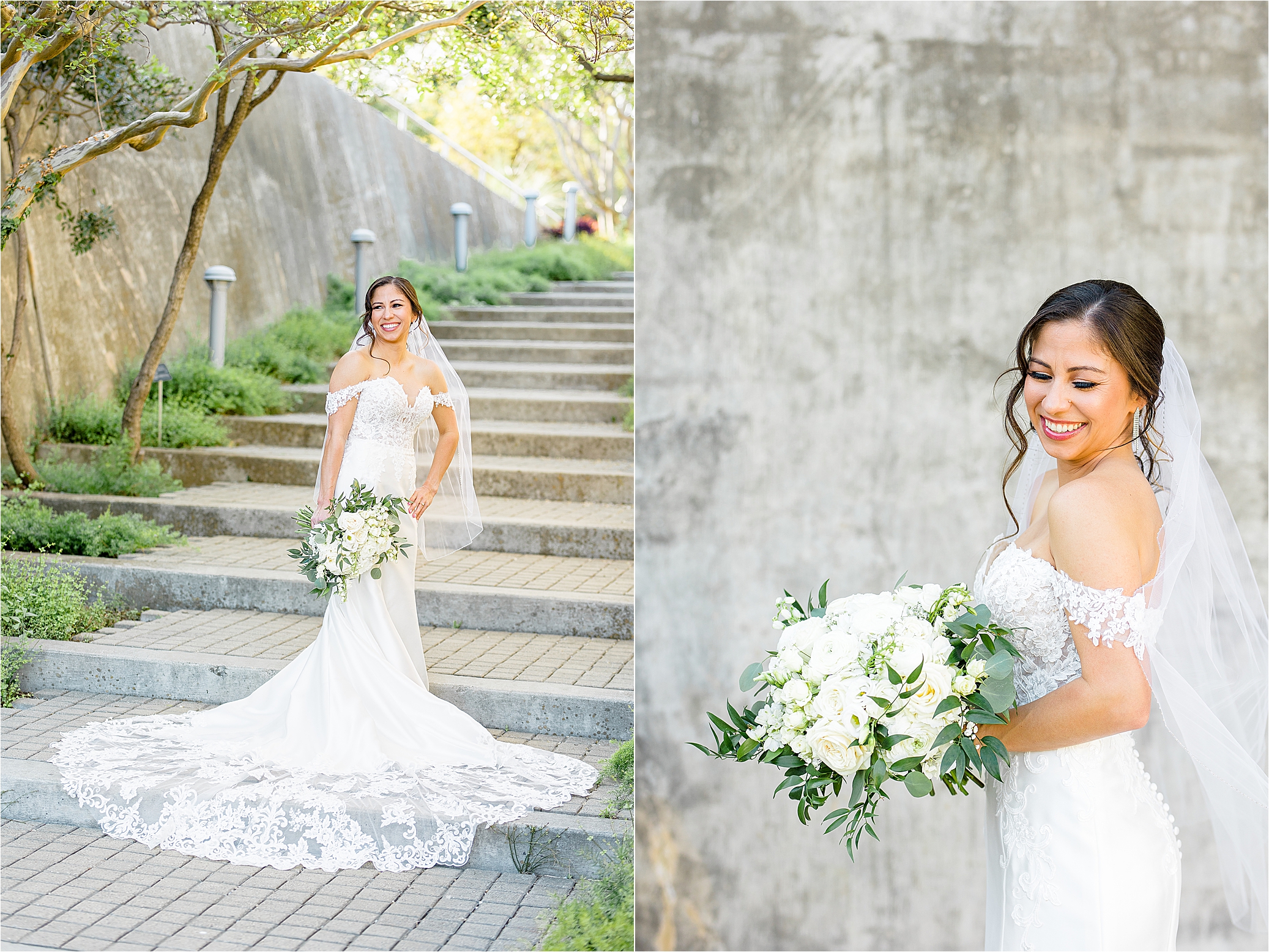 A bride laughs holding a white bouquet at her San Antonio Bridal Session with Wedding Photographer Jillian Hogan 