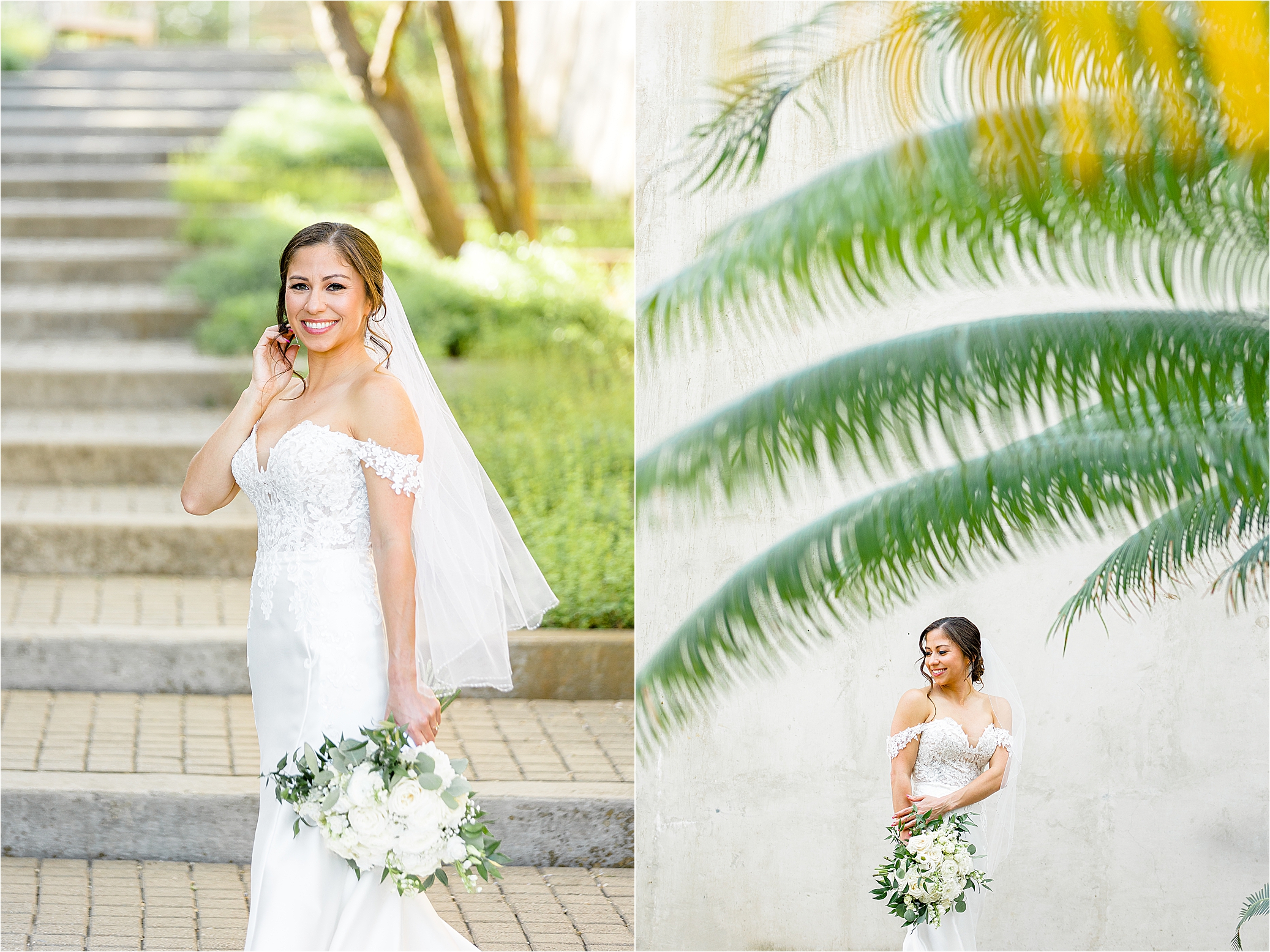 A bride is surround by palm trees during her San Antonio Botanic Garden Bridal Session