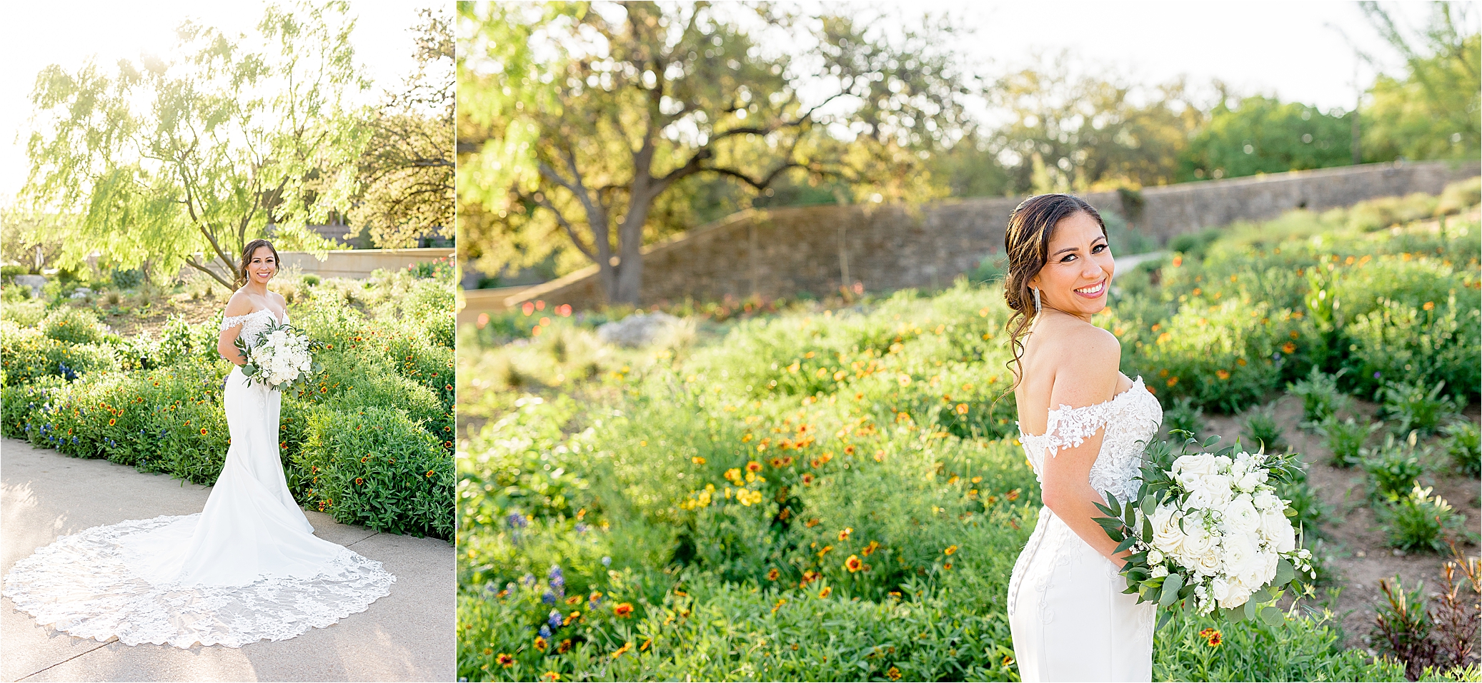 A bride peeks over her shoulders in front of flowers at the San Antonio Botanic Garden during her bridal portraits 