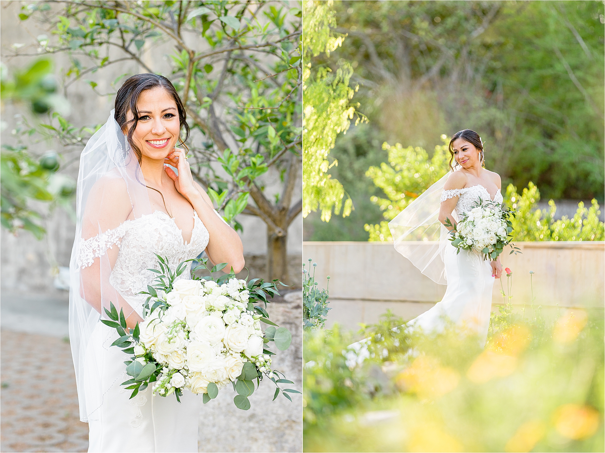 A bride walks as her veil blows in wind at her bridal portraits at San Antonio Botanic Garden with wedding photographer Jillian Hogan Photography 