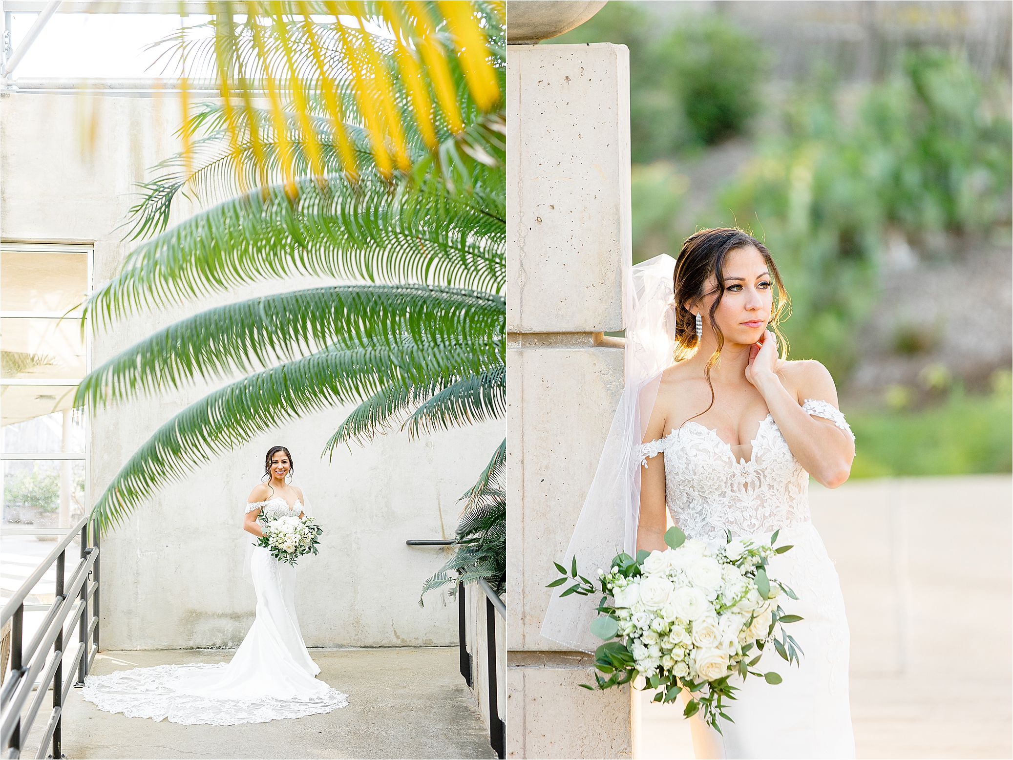 A bride poses surround by palms during portraits at San Antonio Botanic Garden with wedding photographer Jillian Hogan 