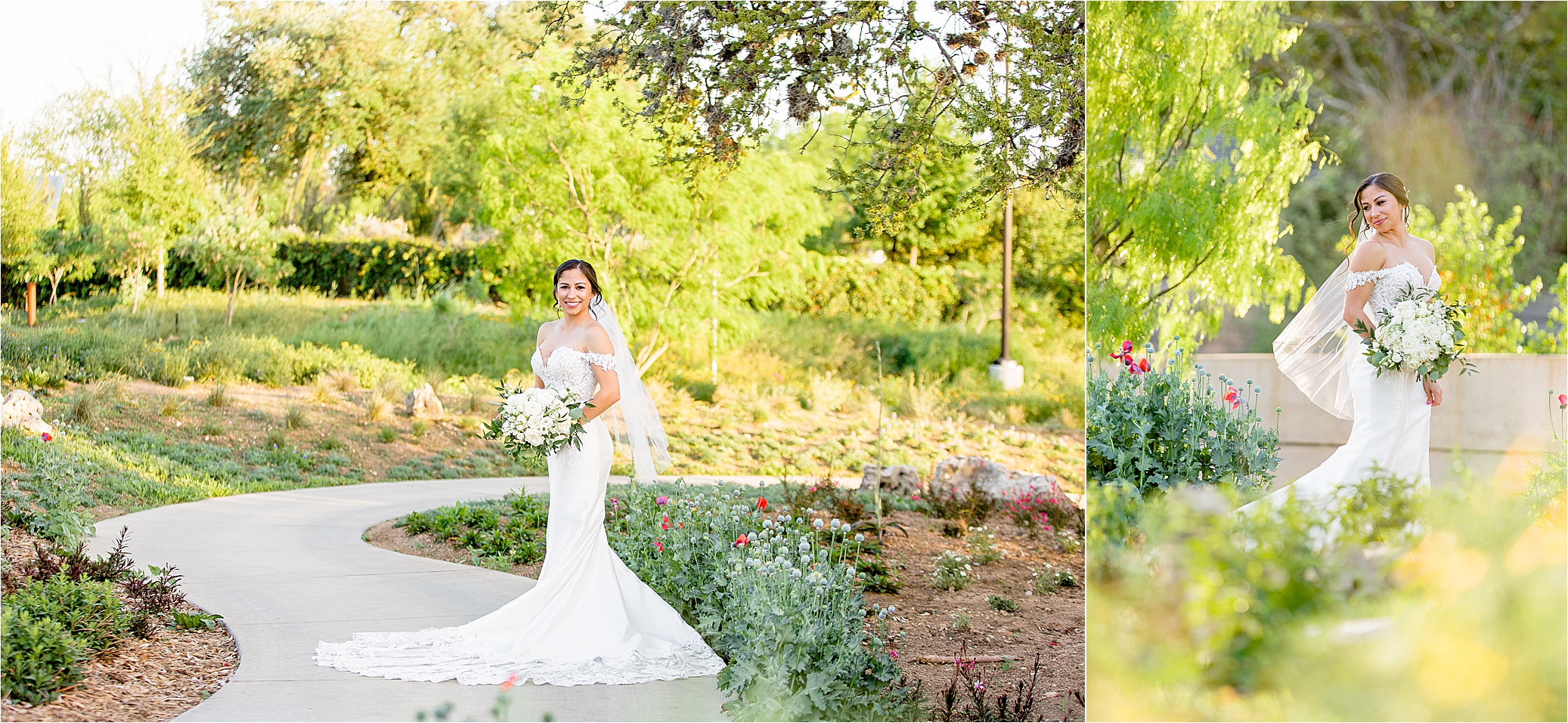 A bride smiles and holds her bouquet during her bridal portraits with Jillian Hogan Photography at San Antonio Botanic Garden