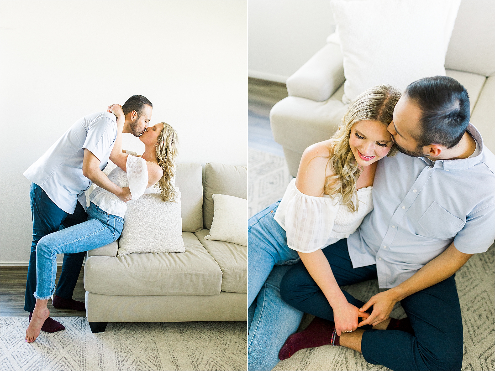 A couple snuggles and kisses in their living room for their at home lifestyle engagement session in Austin, Texas