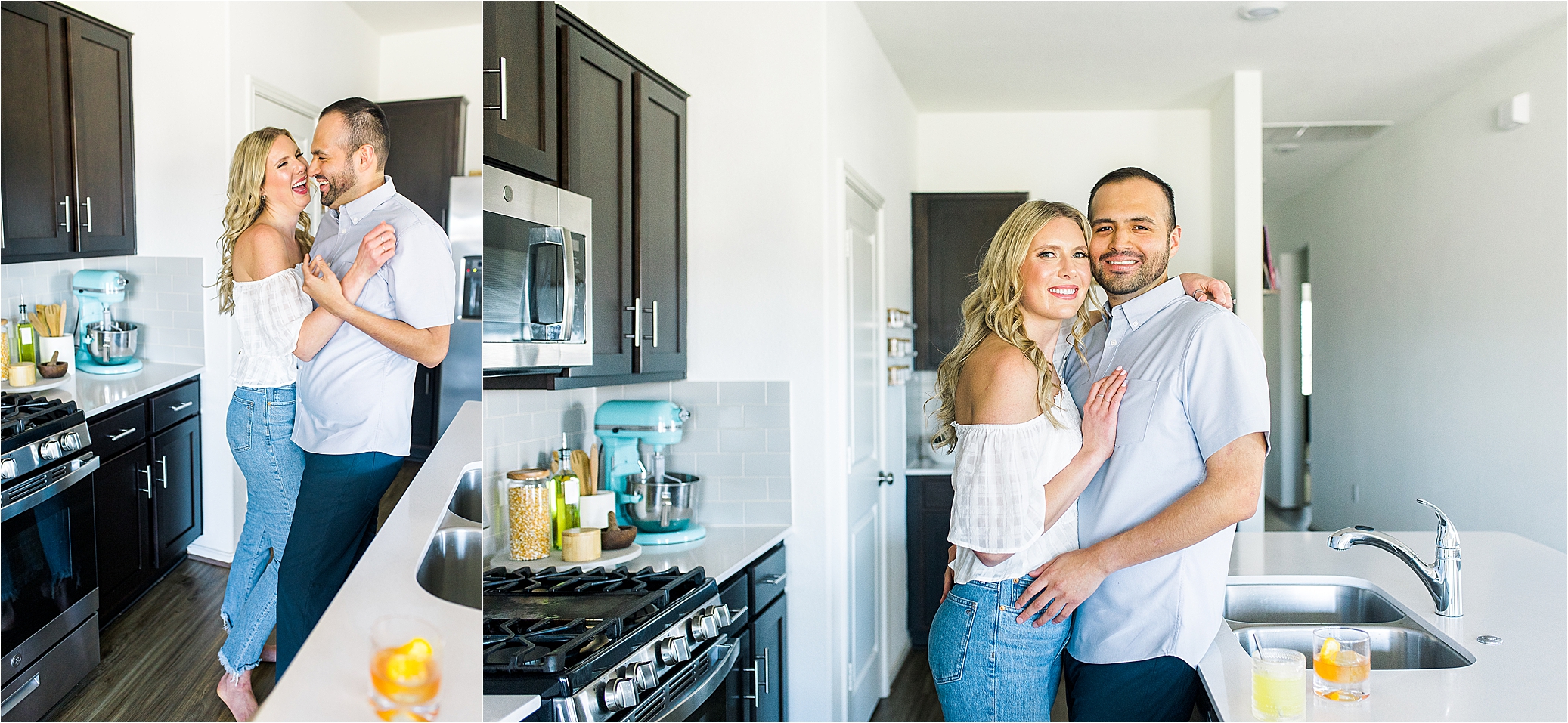 A couple dances and laughs in their kitchen for their Austin Engagement Session 