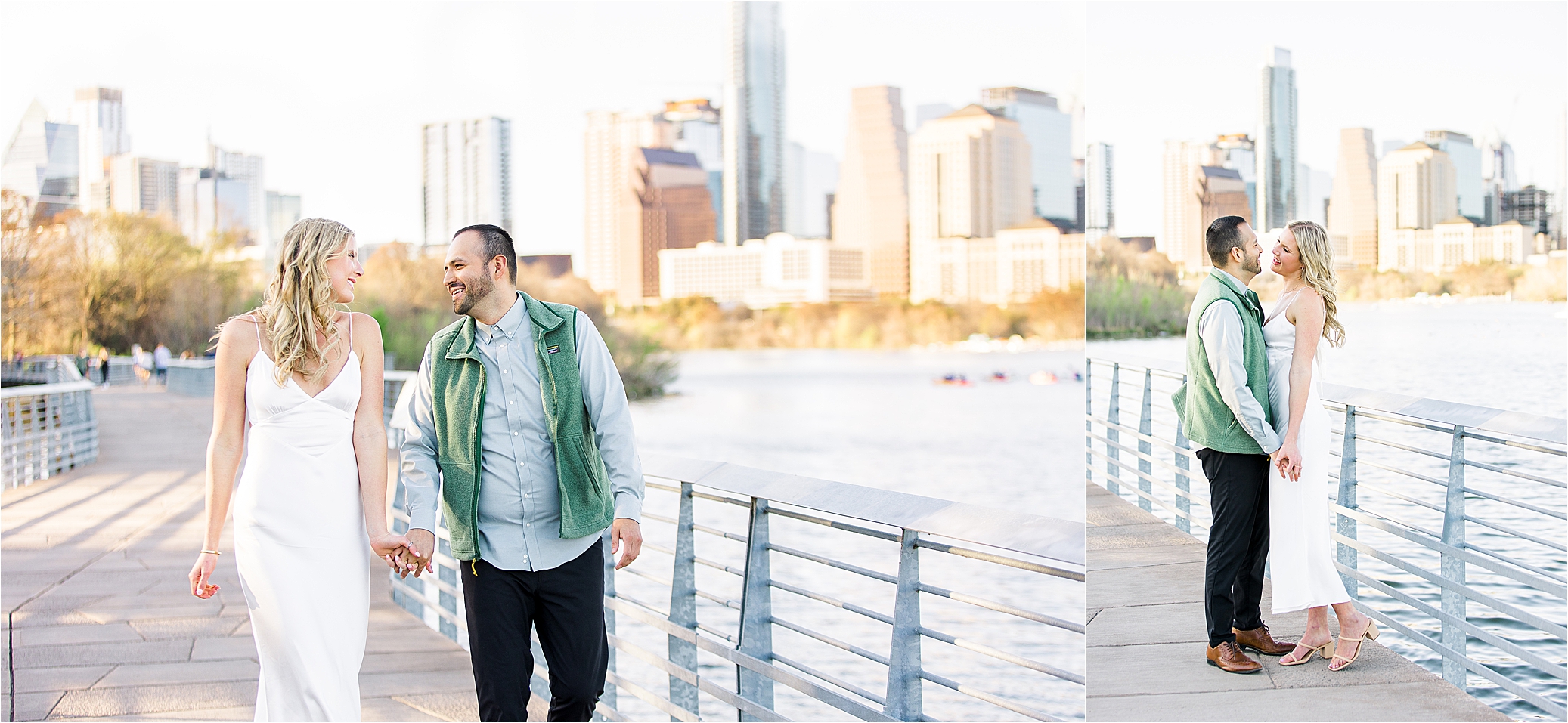 A couple playfully walks on boardwalk in Austin, Texas for their engagement session