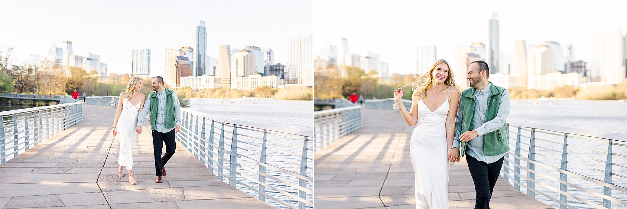 A couple holds hands and playfully walks down the boardwalk in Austin, Texas with the skyline behind for their engagement session