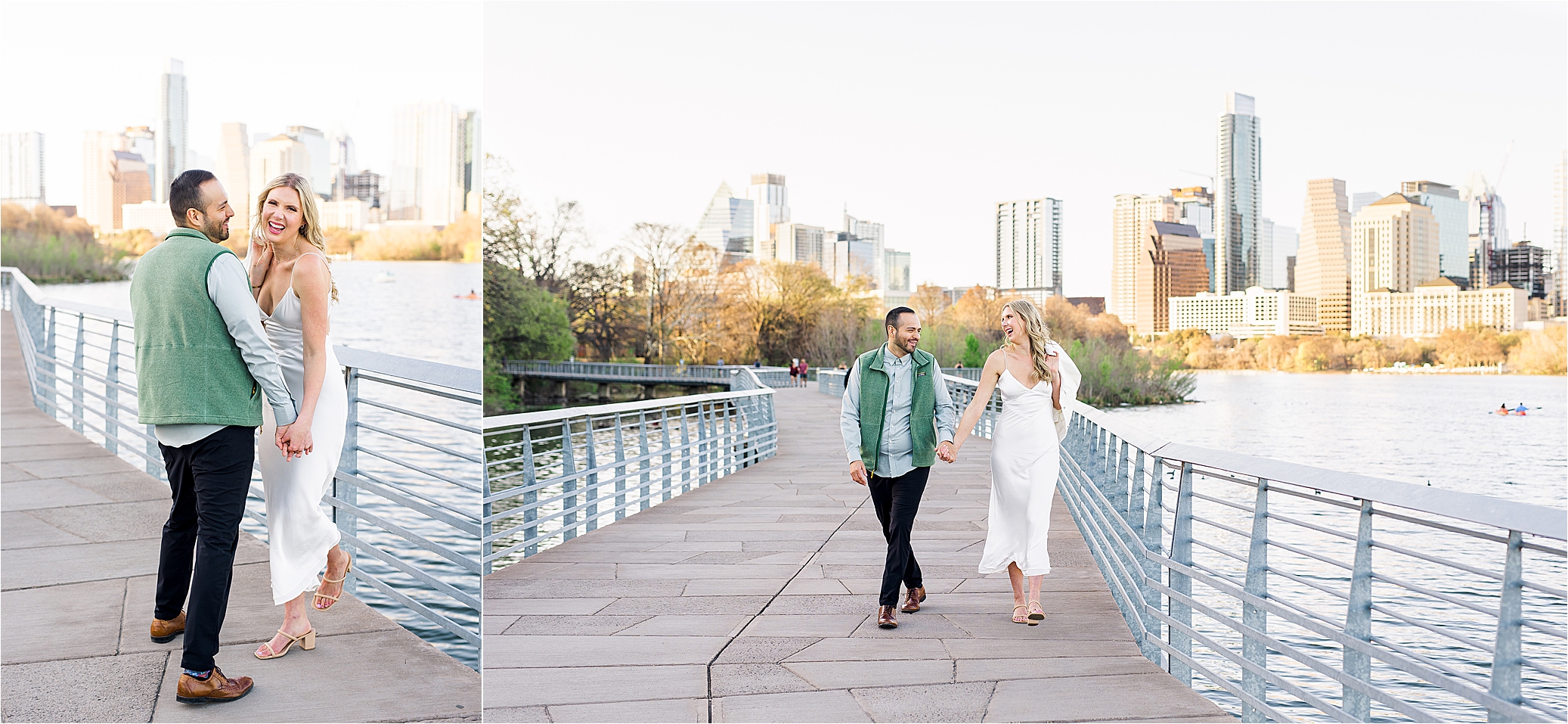 A couple walks along boardwalk at lady bird lake with skyline in background for their Austin Texas Engagement