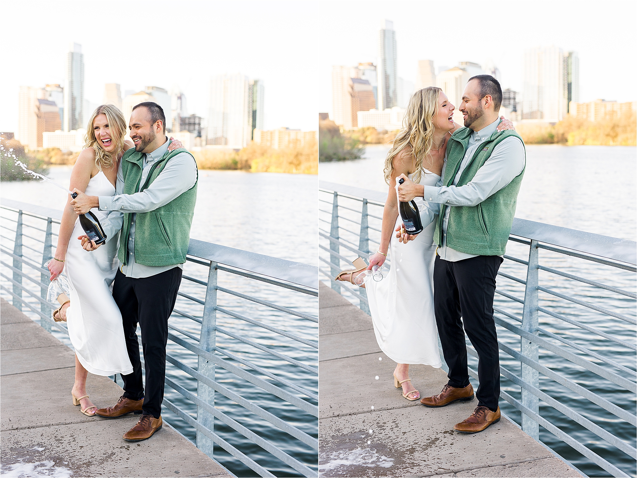 A couple laughs and sprays champagne at the boardwalk in Austin during their engagement session
