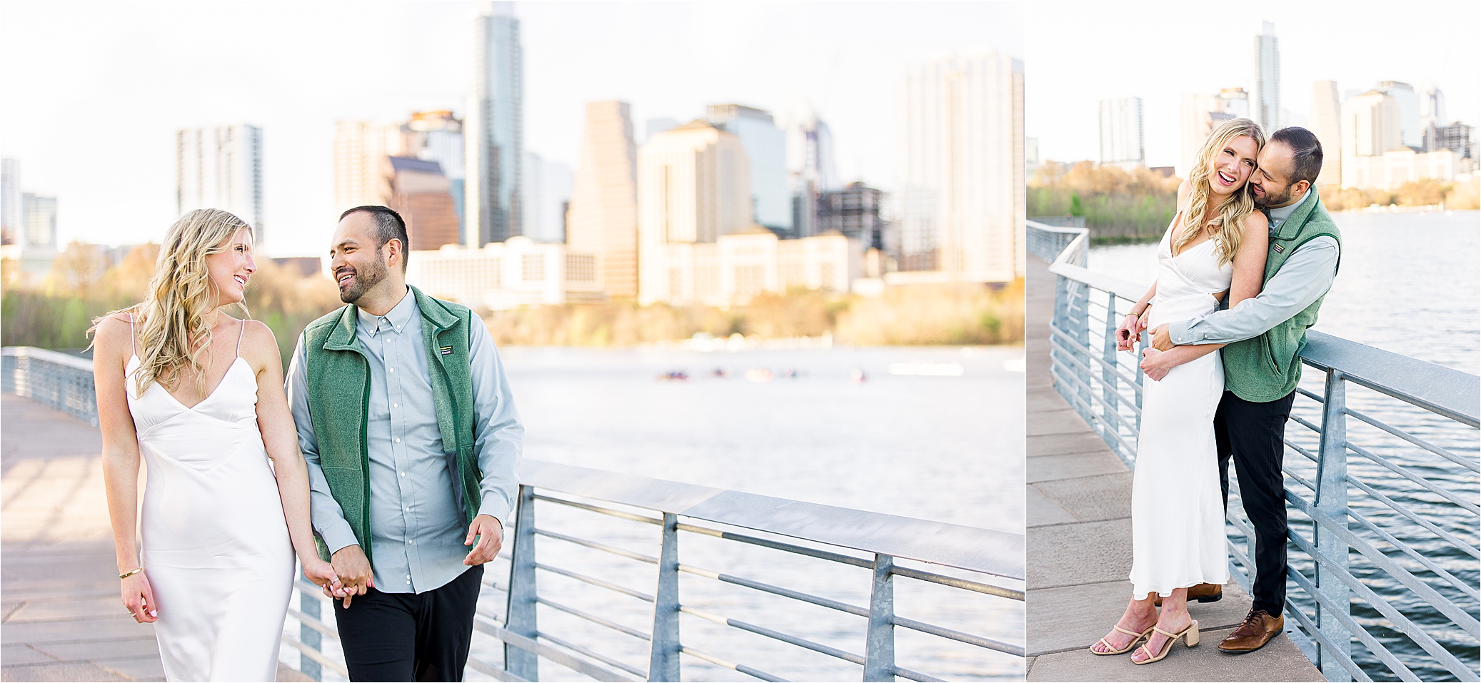 A couple cuddles and walks on the boardwalk in Austin during their spring engagement session 