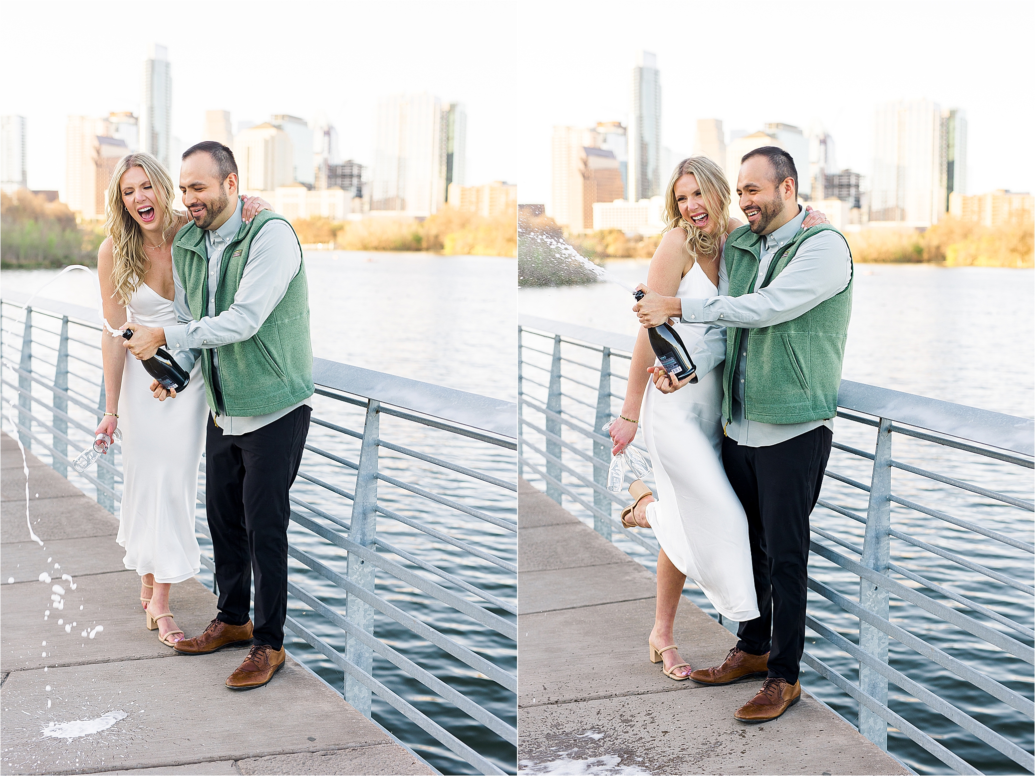A couple sprays champagne to end their Austin Engagement session at the boardwalk on Lady Bird Lake
