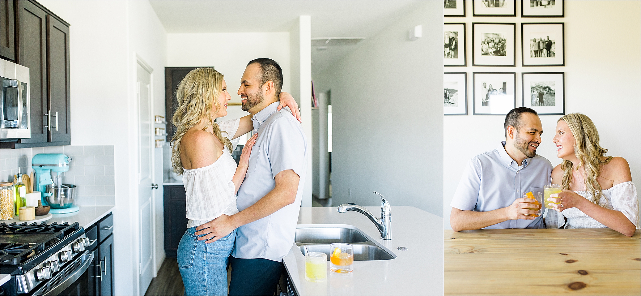 A couple shares a drink and laughs in their kitchen during their at home engagement session in Austin, Texas