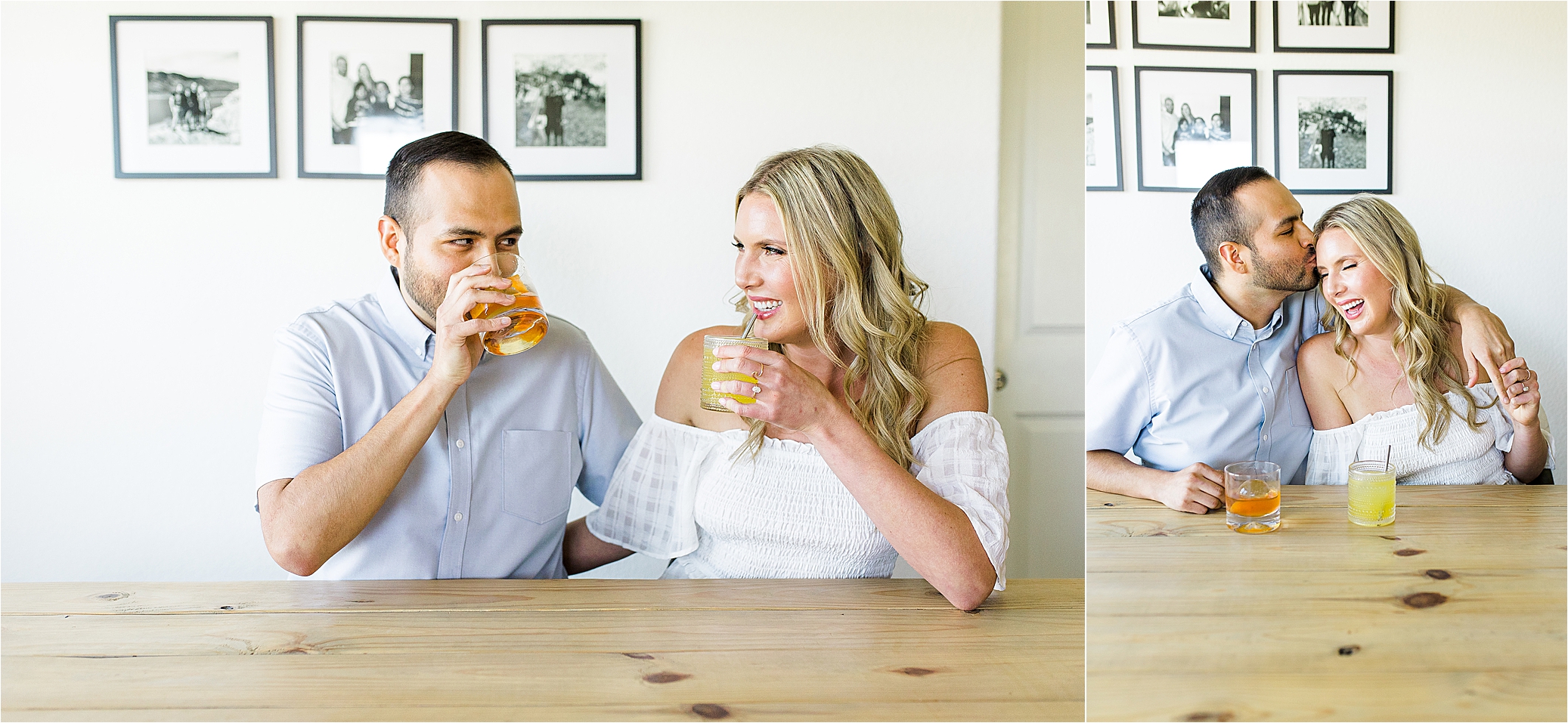 An engaged couple enjoys cocktails together for their at home Austin Engagement Session