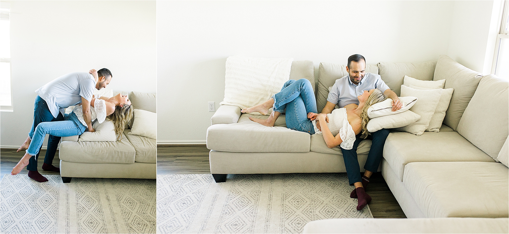 A couple fall and cuddle on their couch during their in home Austin Engagement Session with Jillian Hogan Photography