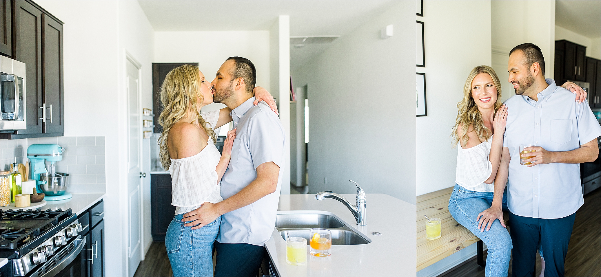 A couple kisses at their kitchen counter for their in home lifestyle engagement in Austin, Texas