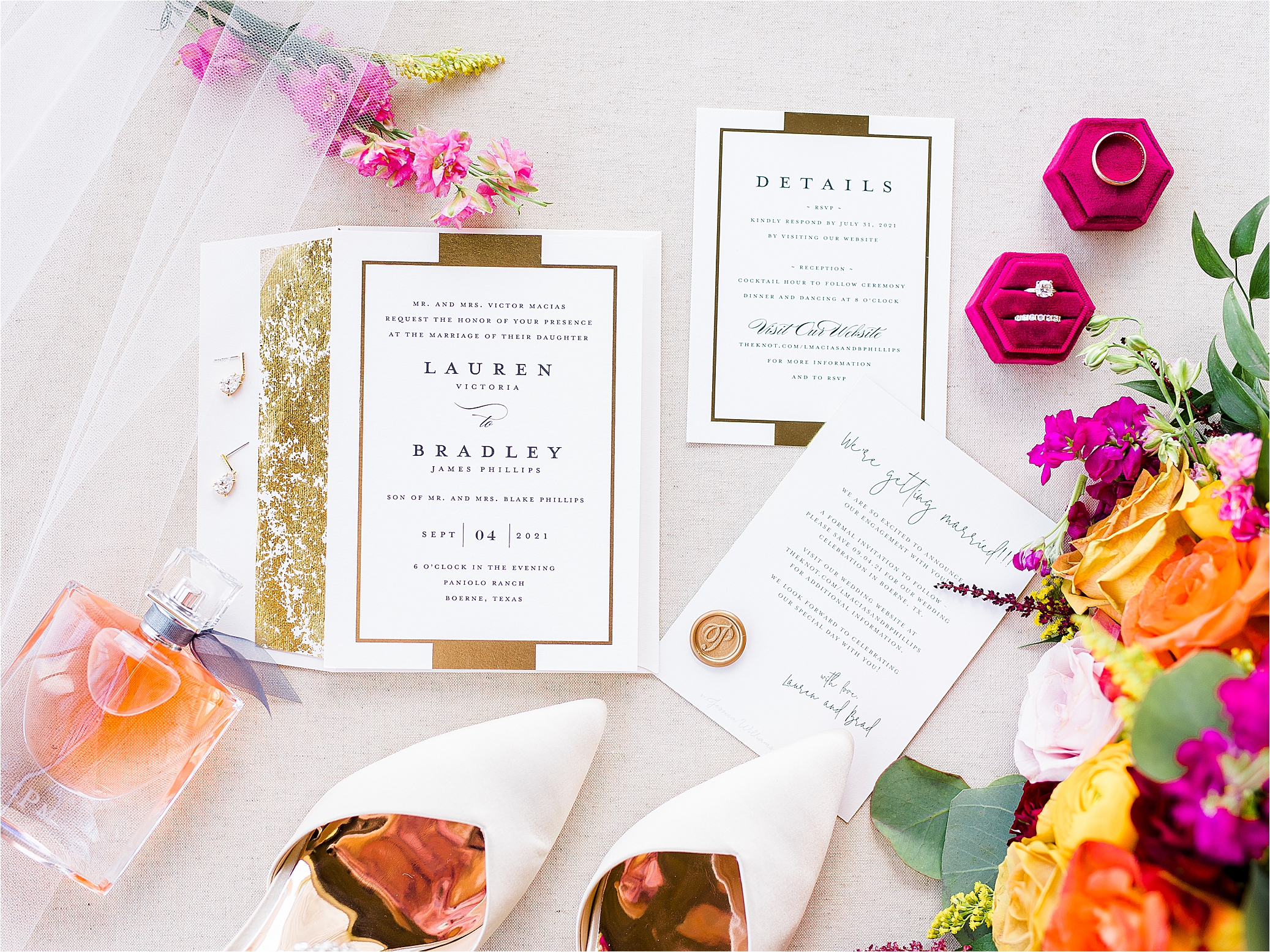 Invitation suite with colorful bridal details for a Paniolo Ranch Wedding in the Texas Hill Country