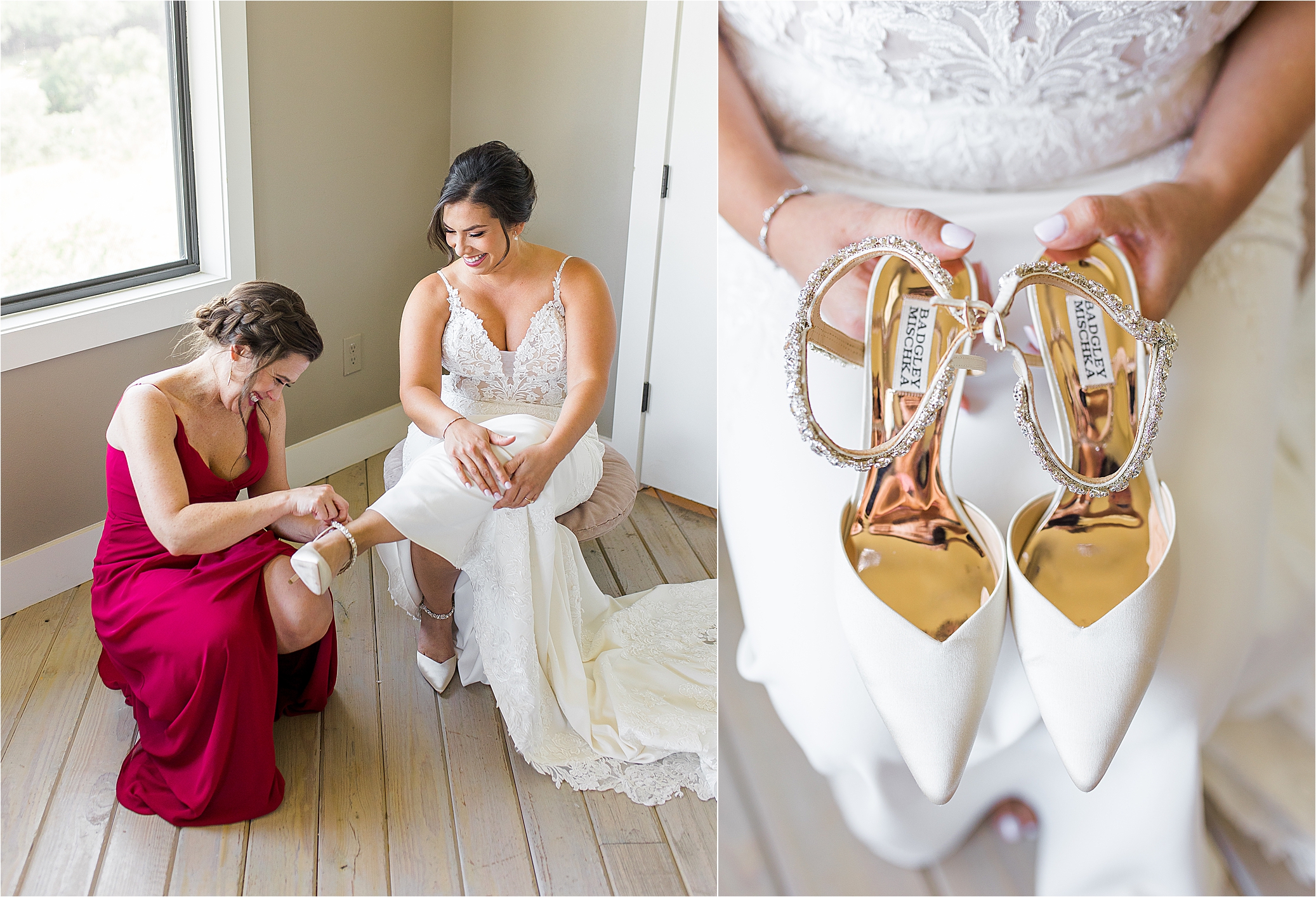 A bridesmaid puts shoes on a bride for her wedding day at Paniolo Ranch in Boerne, Texas with Hill Country Wedding Photographer Jillian Hogan
