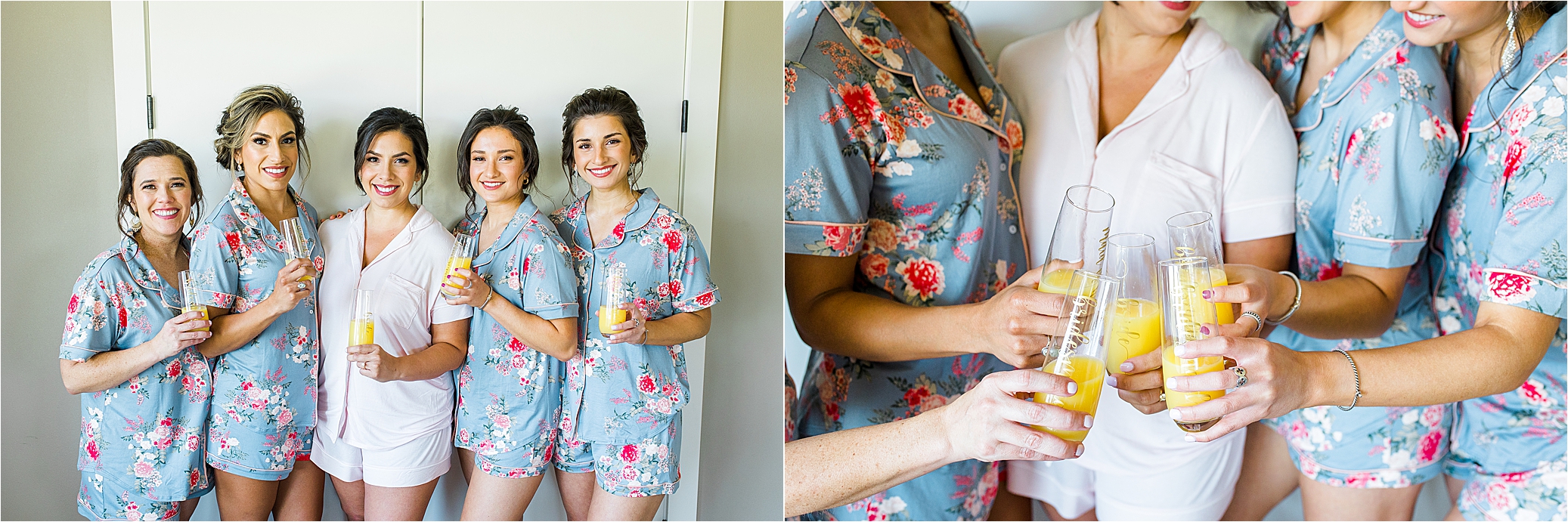 Bridesmaids and the bride in their pjs with mimosas in the bridal suite at Paniolo Ranch in Boerne, Texas