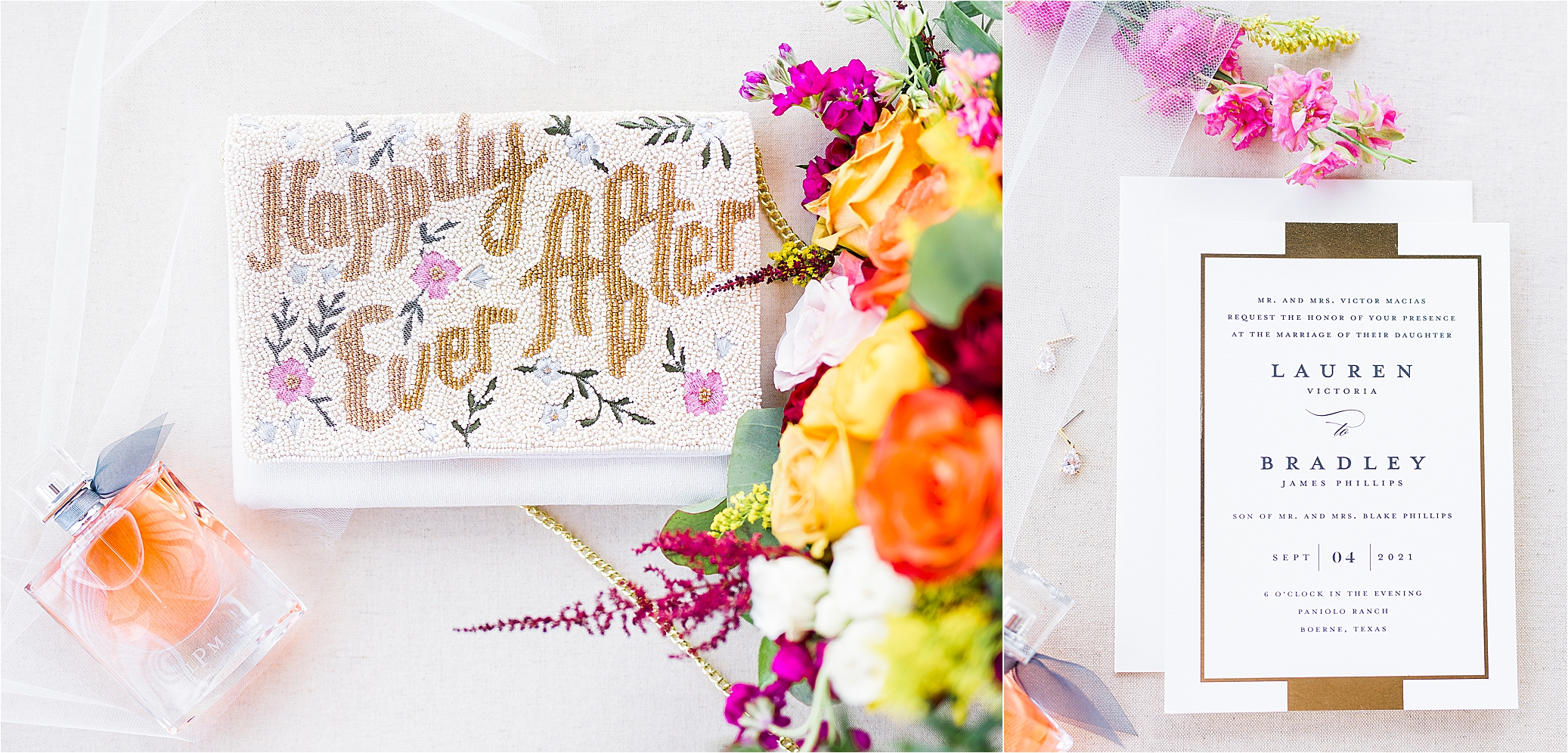 A wedding invitation, perfume and happily ever after purse for bridal details on wedding day at Paniolo Ranch in Boerne, Texas