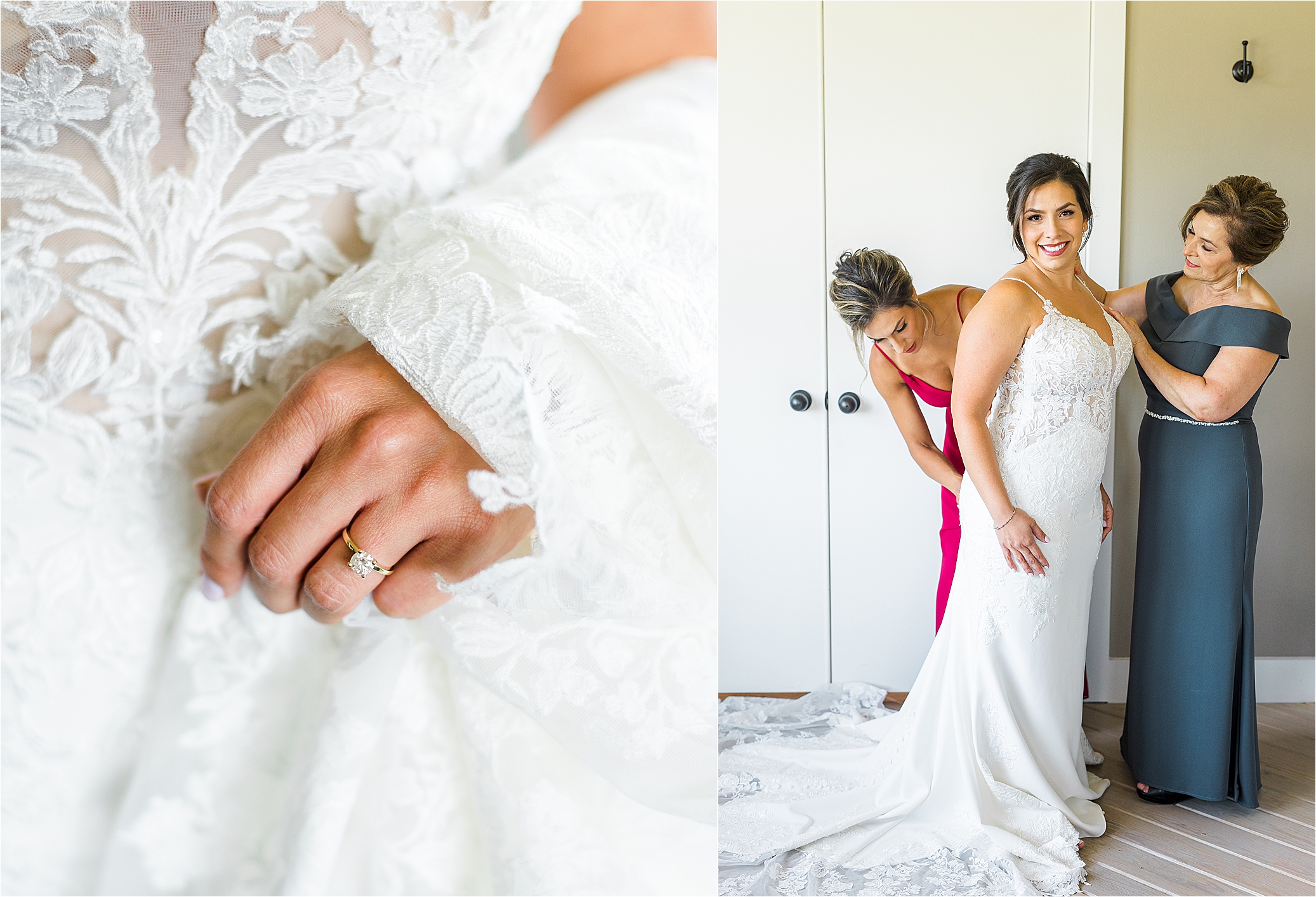 A bride getting ready and being zipped up on her wedding day at Paniolo Ranch in Boerne, Texas