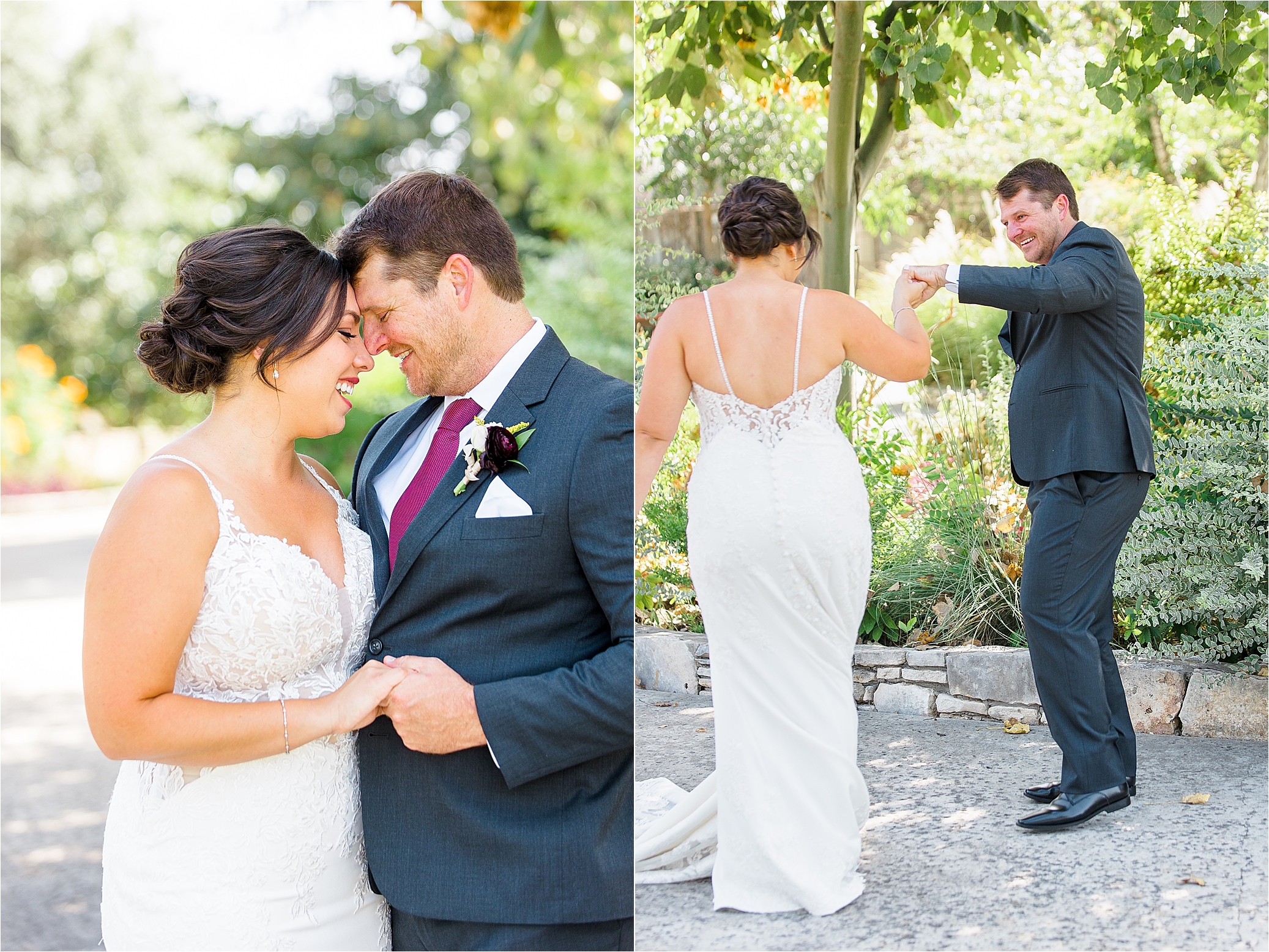 A bride and groom smile at each other during their first look for their Paniolo Ranch Wedding Day in Boerne, Texas