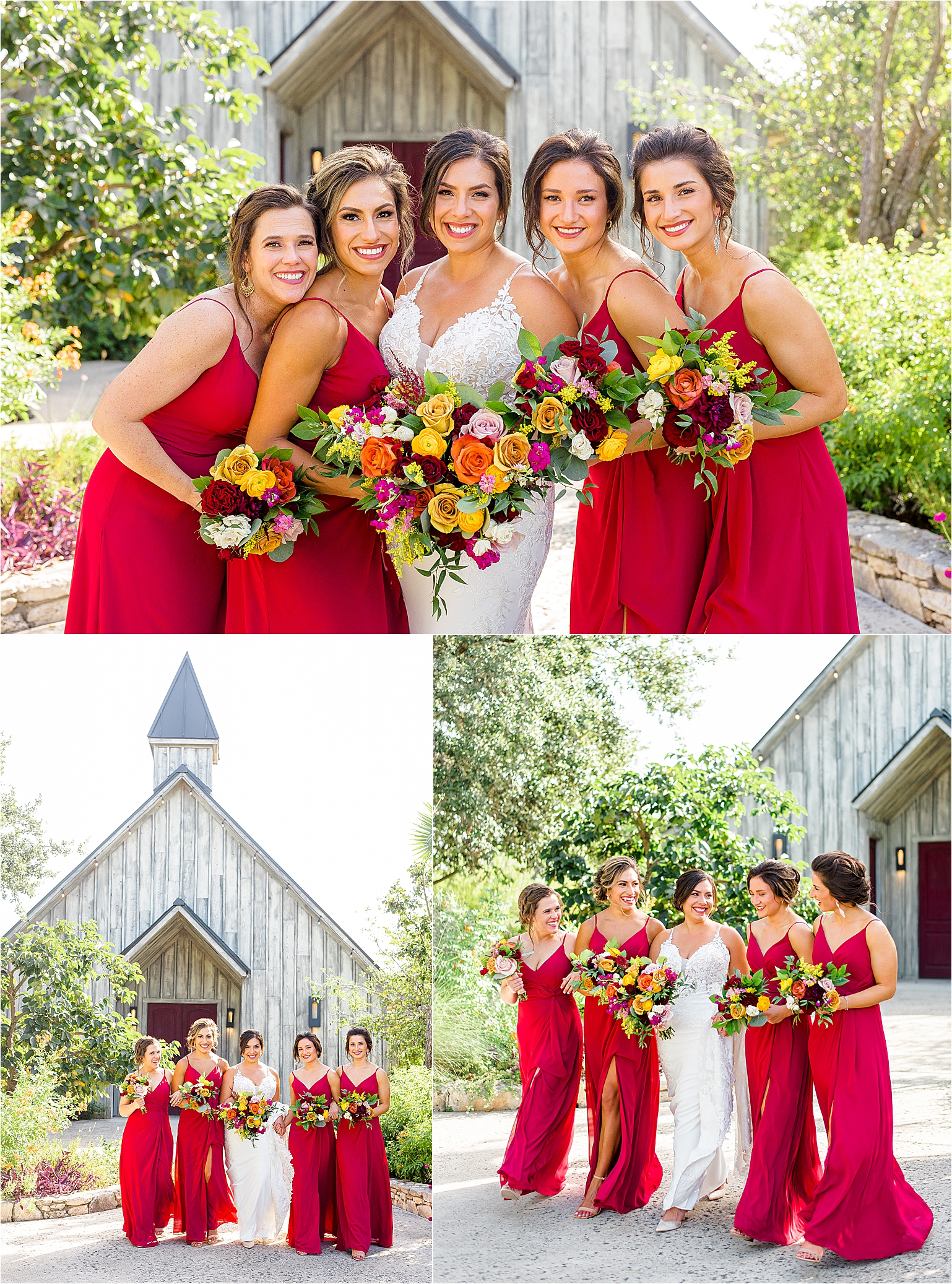 A bride and her bridesmaids in bright red dresses smile for bridal party photos at Paniolo Ranch 