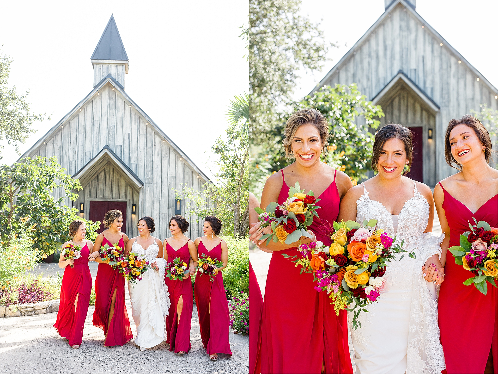 Bridesmaids hold hands and walk during wedding day portraits at Paniolo Ranch in Boerne, Texas