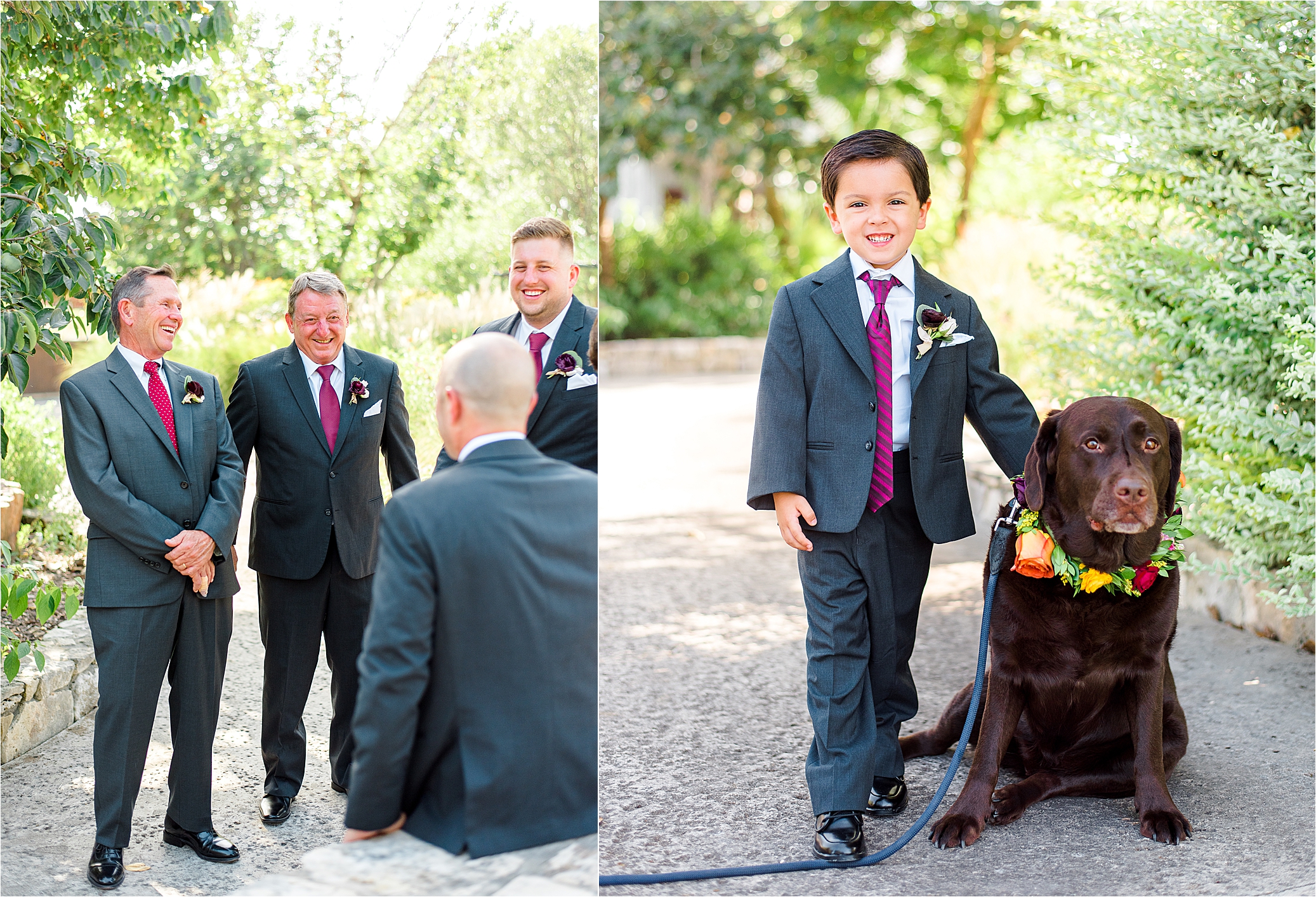 A ring bearer and a dog with a floral collar at Paniolo Ranch on wedding day in The Texas Hill Country