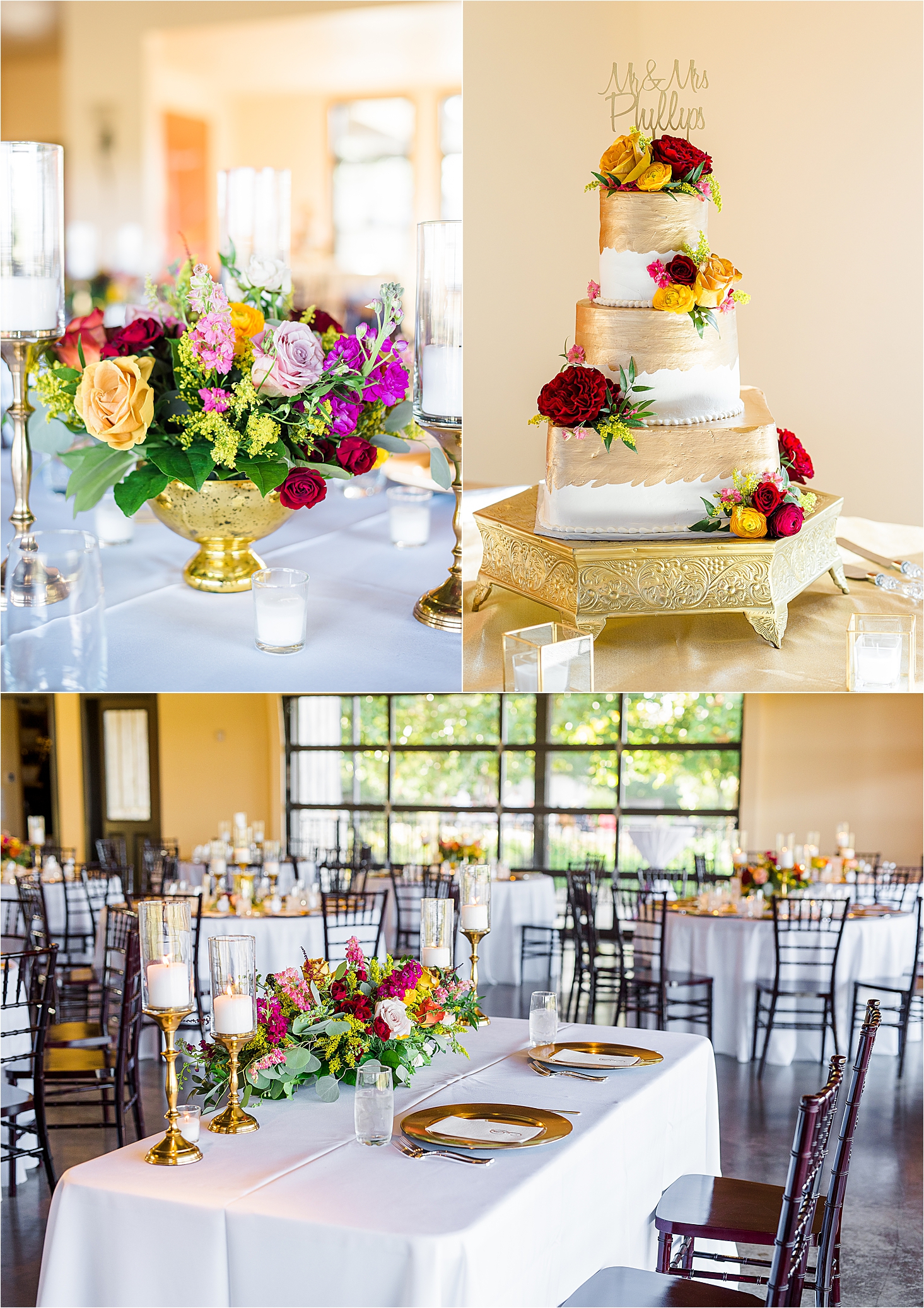A wedding cake and decorated reception at Paniolo Ranch in Boerne, Texas