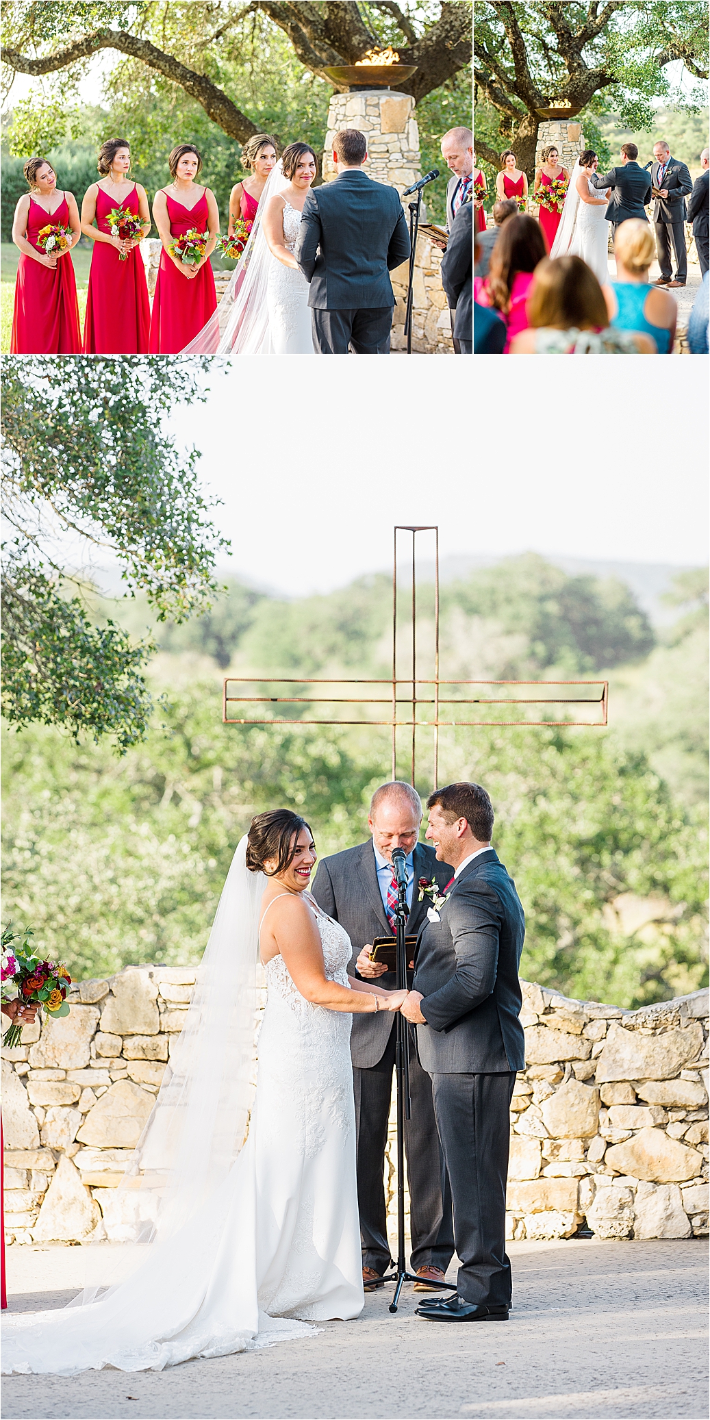 A bride and groom laugh during their wedding ceremony at Paniolo Ranch in Boerne, Texas
