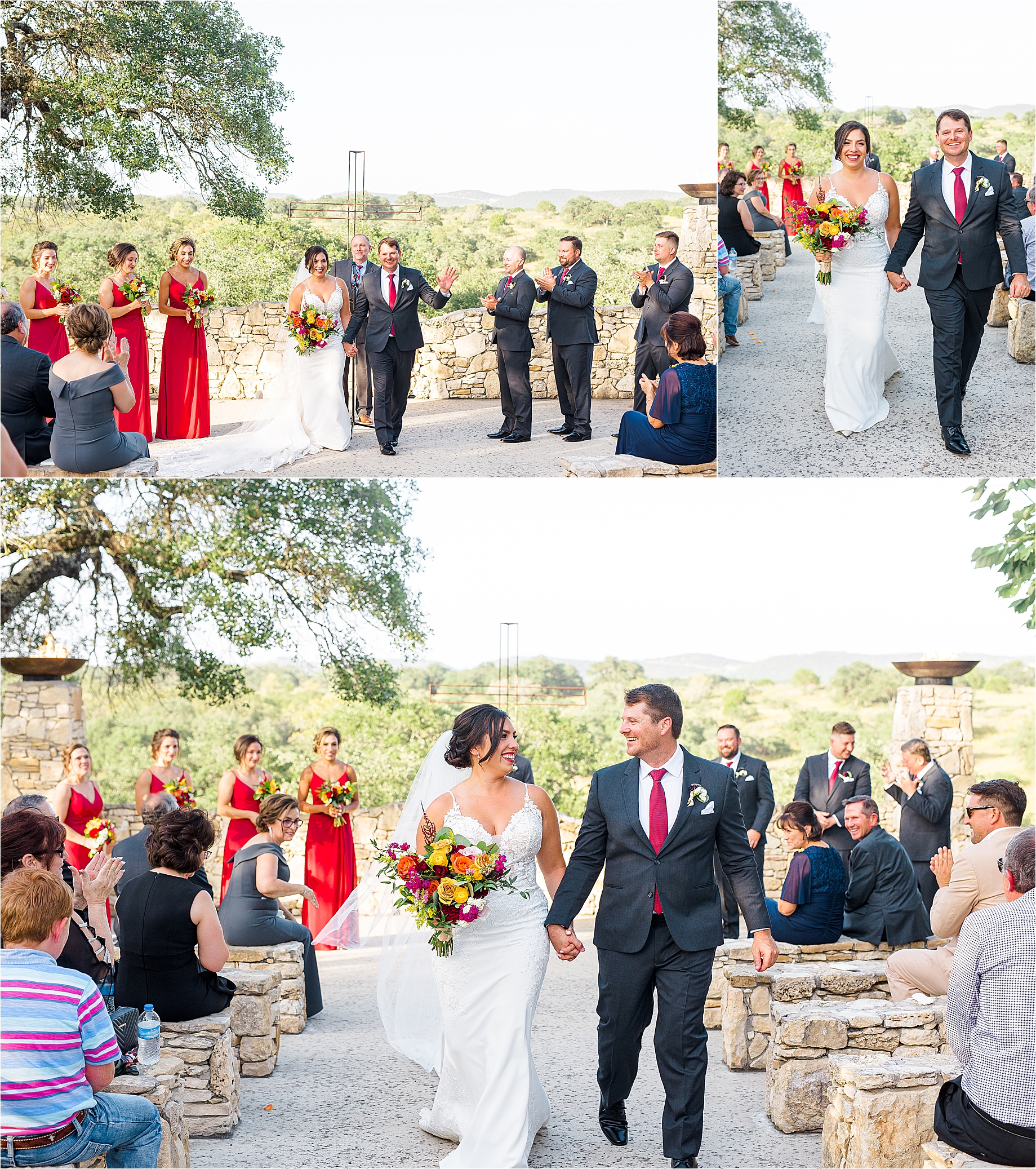 A bride and groom celebrate as they walk down the aisle at Paniolo Ranch as husband and wife