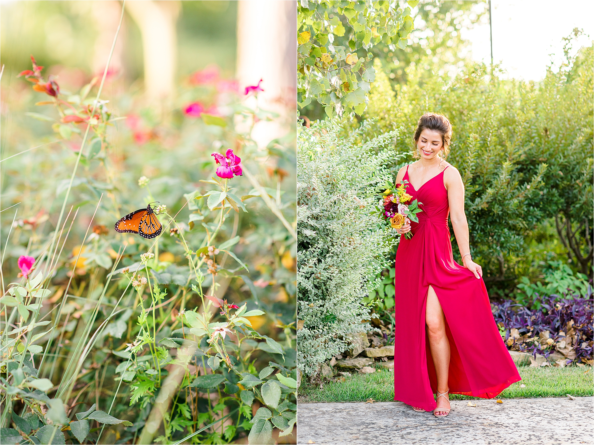 A bridesmaid in a red dress surrounded by greenery and butterflies at Paniolo Ranch in Boerne, Texas