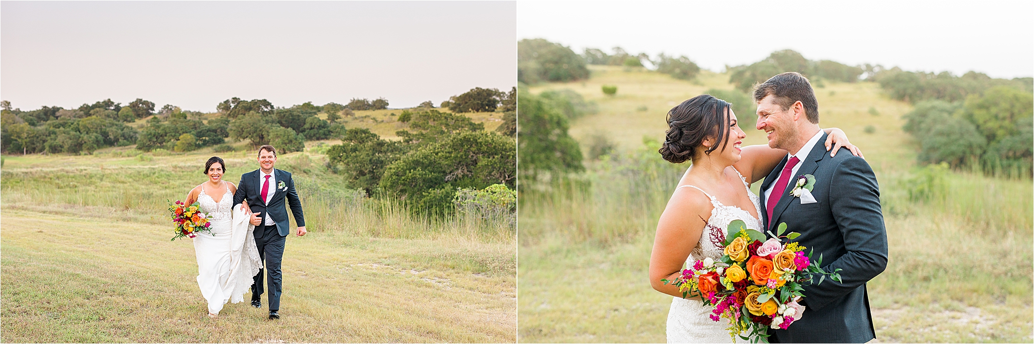 A couple runs through the Texas Hill Country on their wedding day at Paniolo Ranch in Boerne, Texas