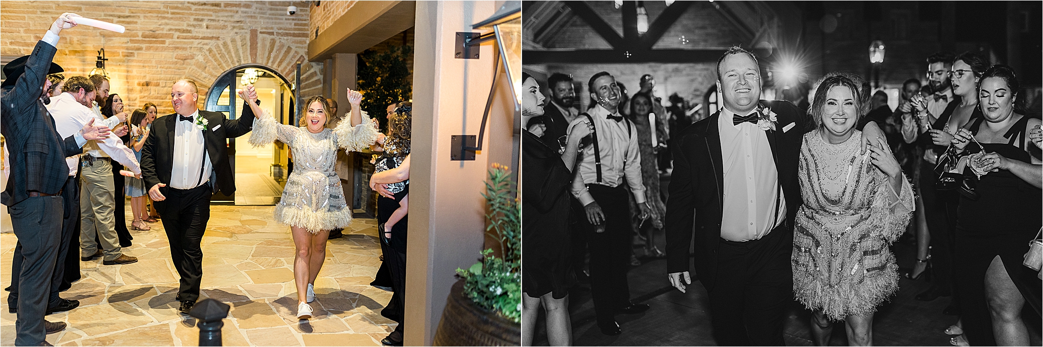 A couple exits their wedding reception at the redberry estate in San Antonio, Texas 