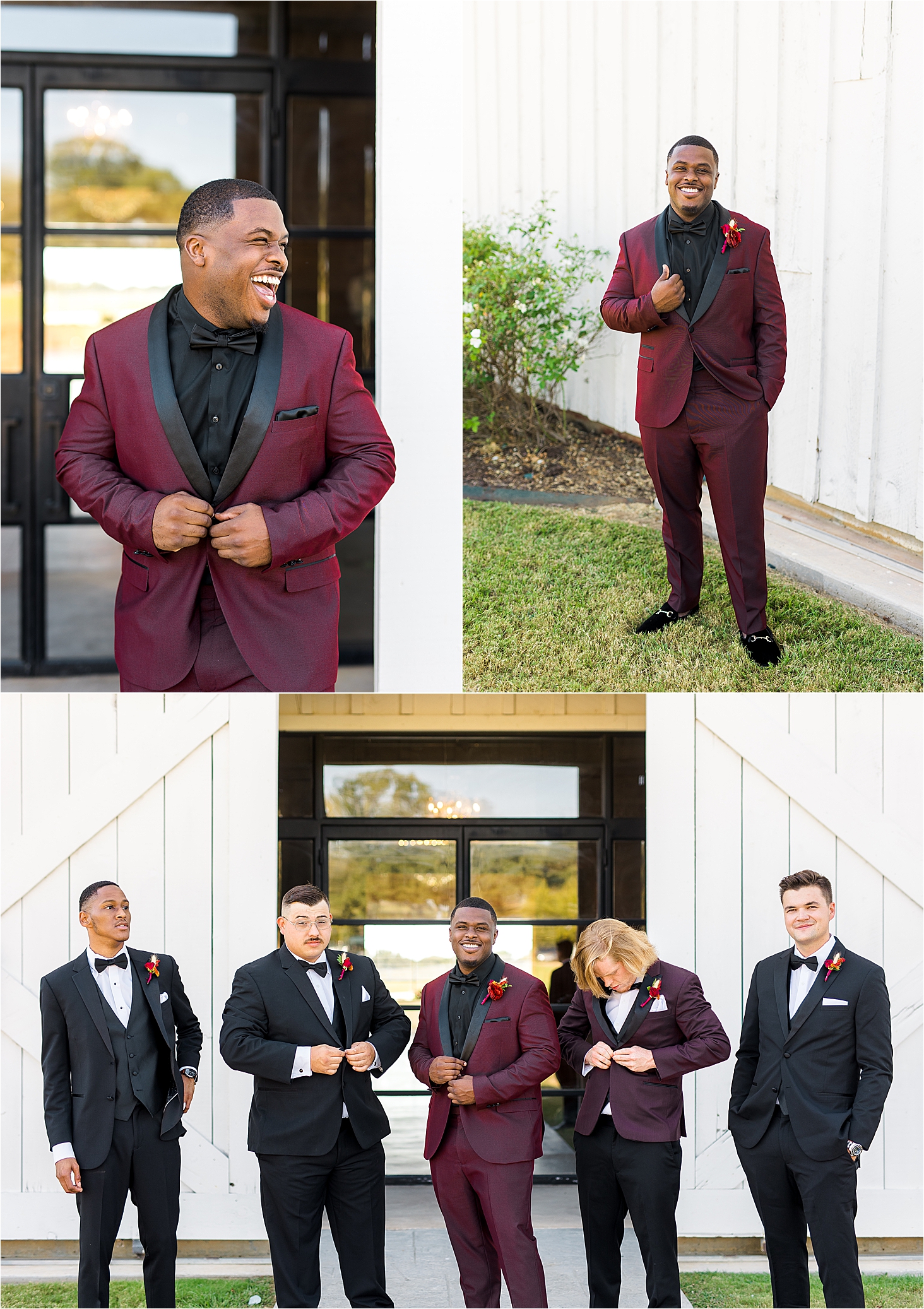 A groom buttoning up his red suite jacket at The Milestone by Boerne Wedding Photographer Jillian Hogan 