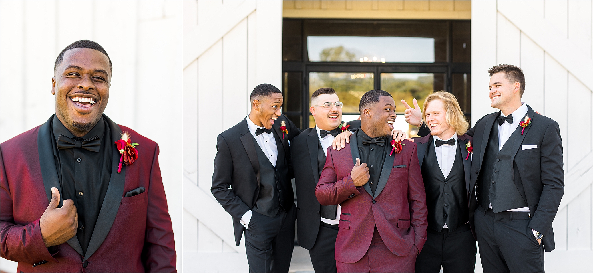 A groom and his groomsmen laughing in front of a white barn during bridal party photos with Boerne Wedding Photographer Jillian Hogan 