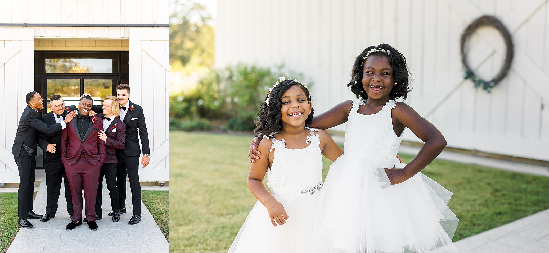 Two flower girls smiling and hugging each other at The Milestone by Boerne Wedding Photographer Jillian Hogan 