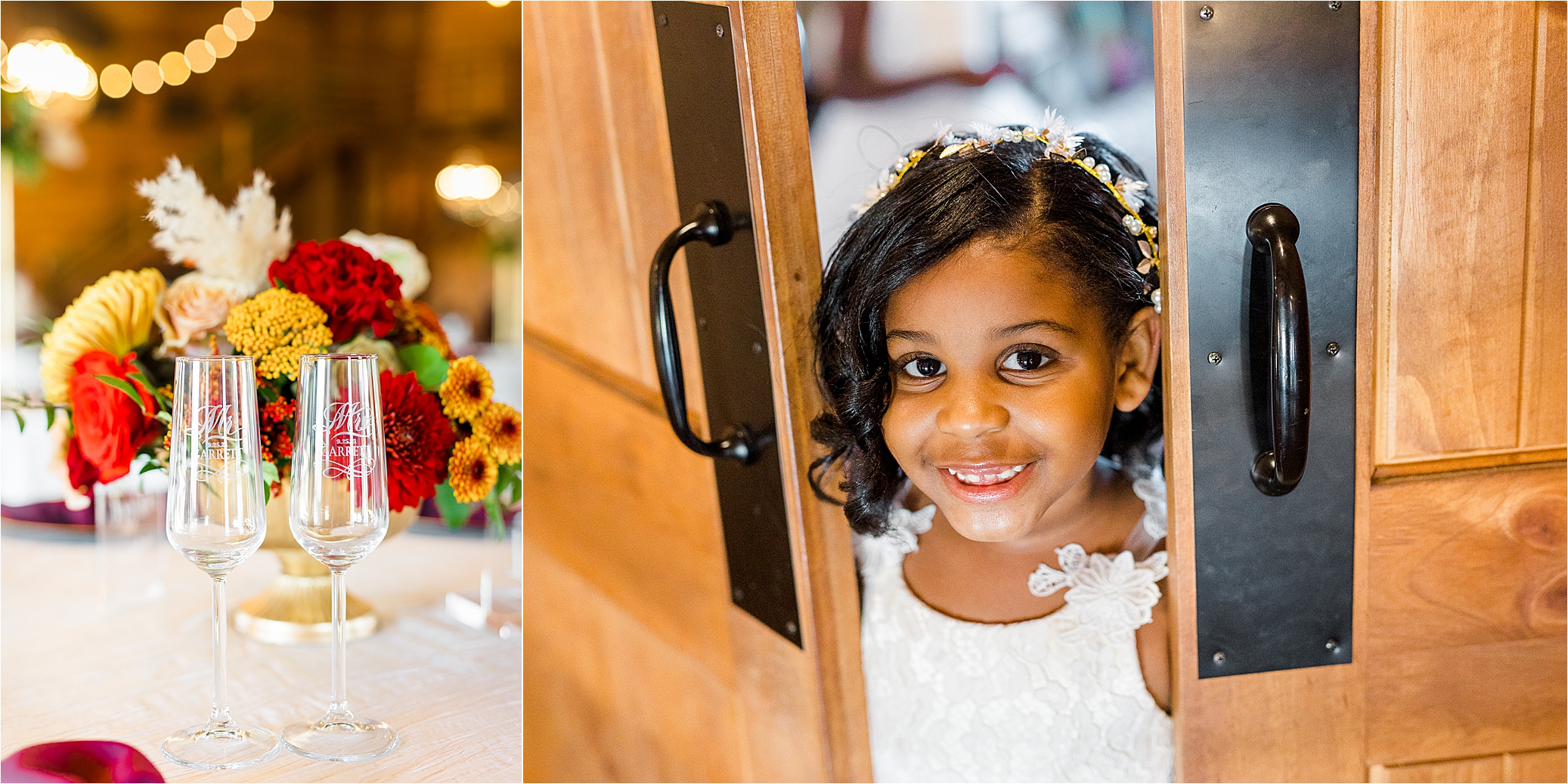 A flower girl peeks through double doors on a morgan creek wedding day 