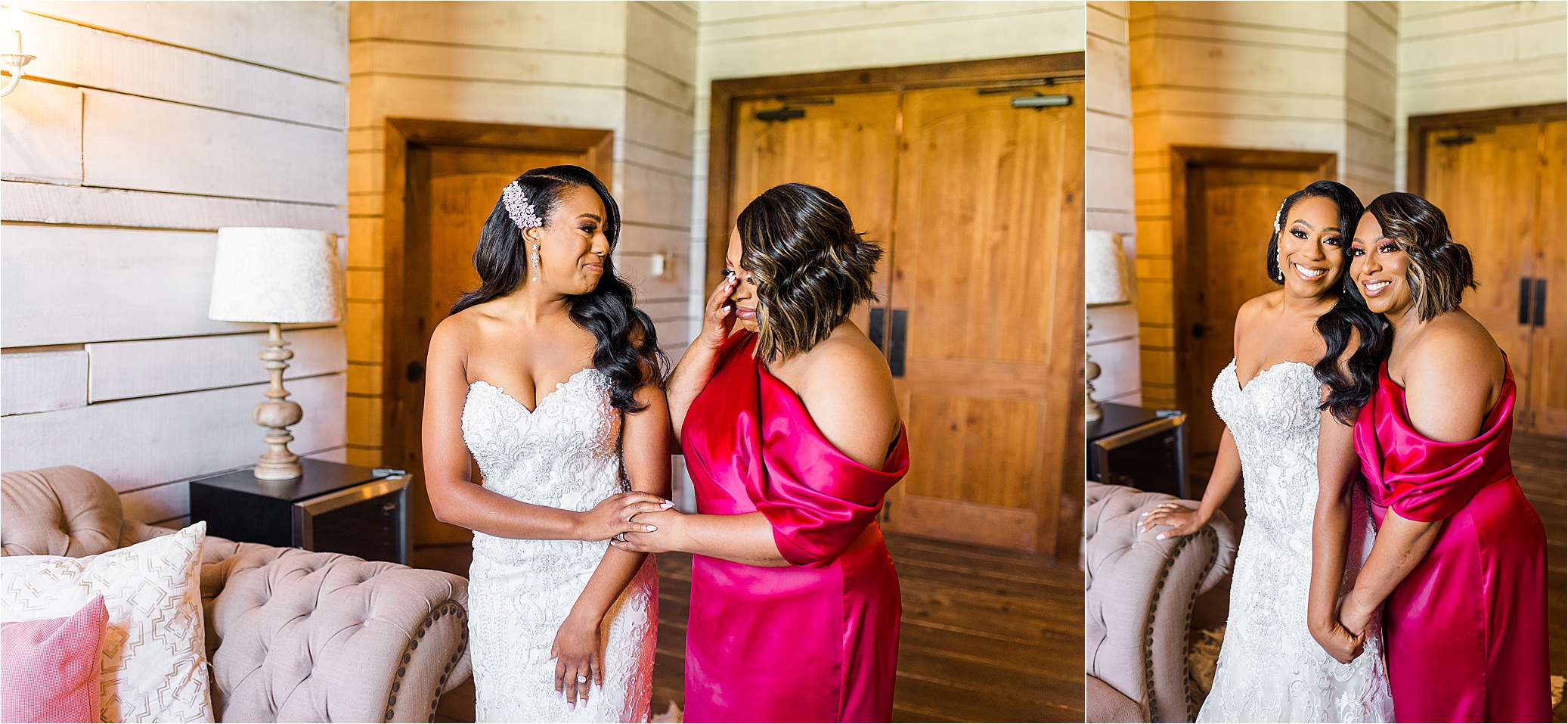 A bride and er mom hold back tears in the bridal suite at Morgan Creek Barn in Aubrey, Texas